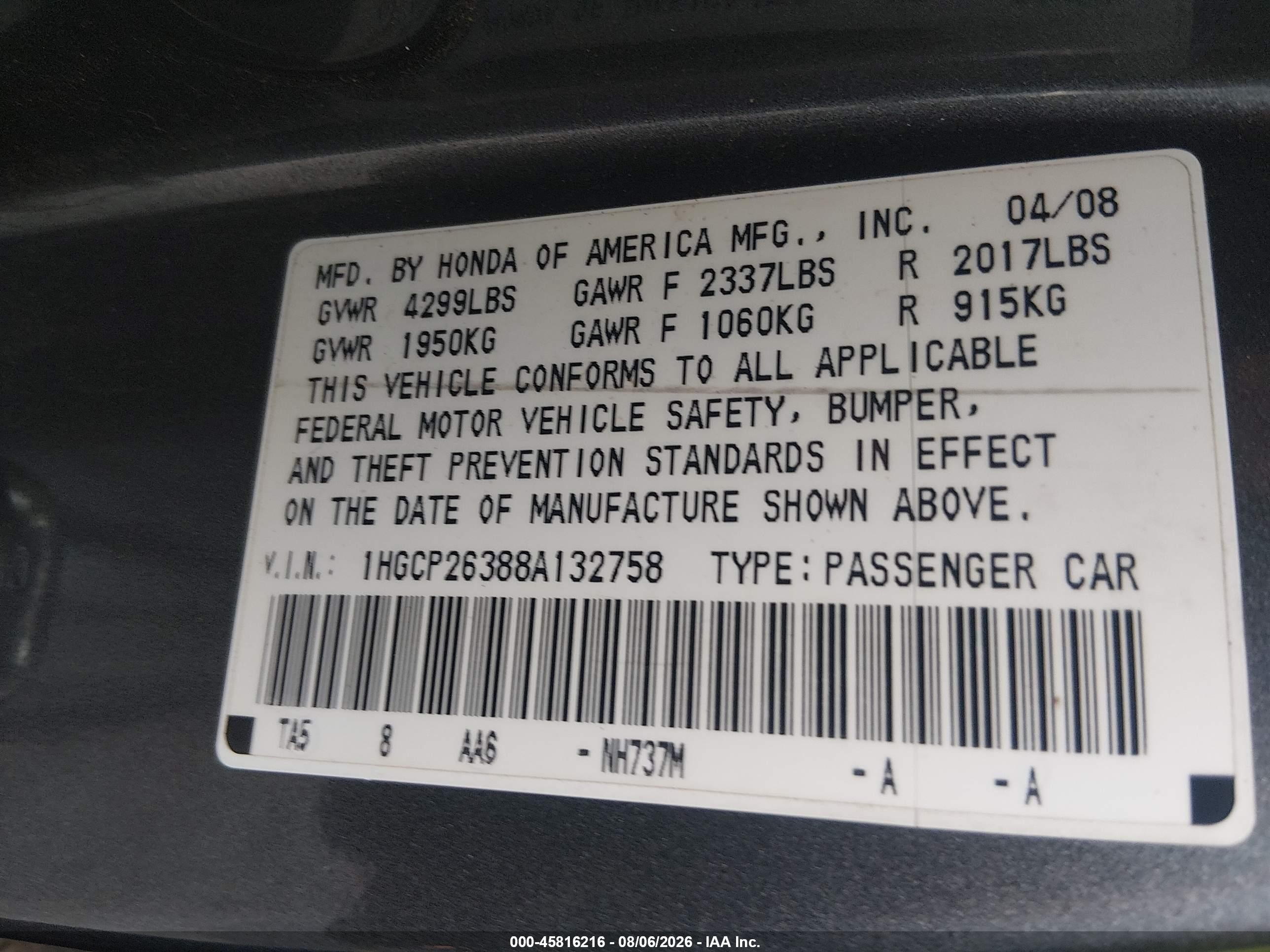 2008 Honda Accord 2.4 Lx Gray vin: 1HGCP26388A132758