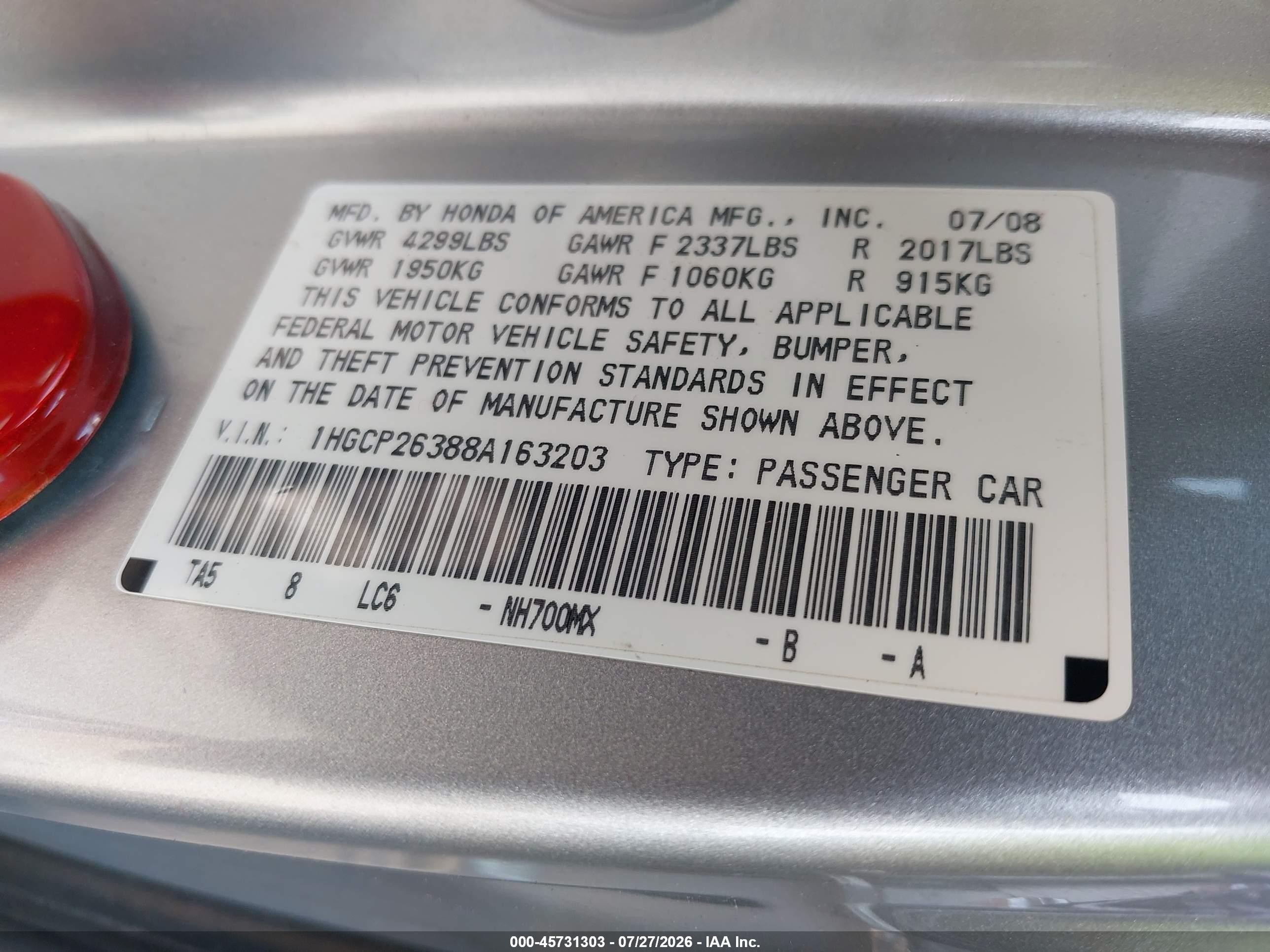 2008 Honda Accord 2.4 Lx Silver vin: 1HGCP26388A163203