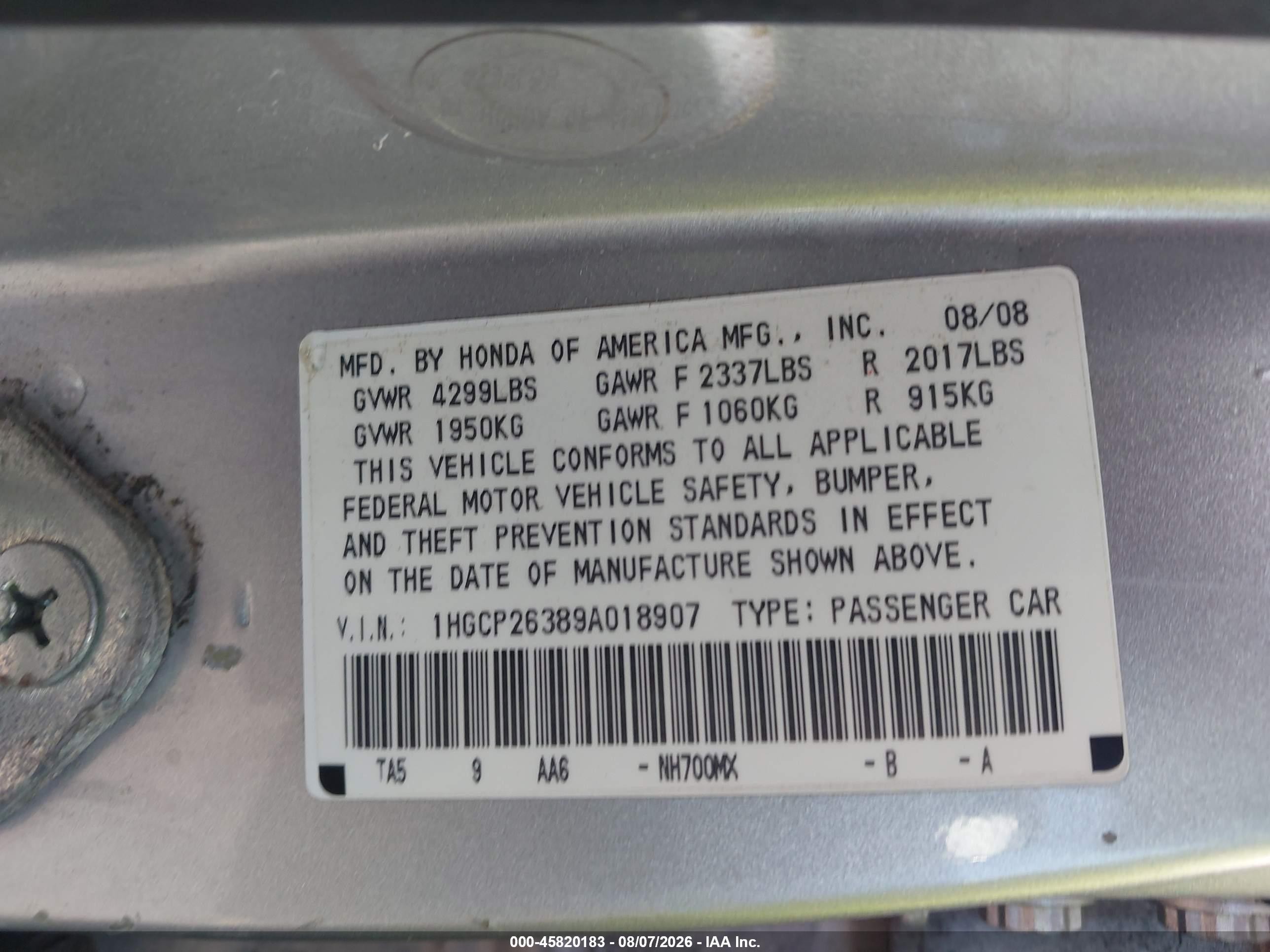 2009 Honda Accord 2.4 Lx Серебряный vin: 1HGCP26389A018907