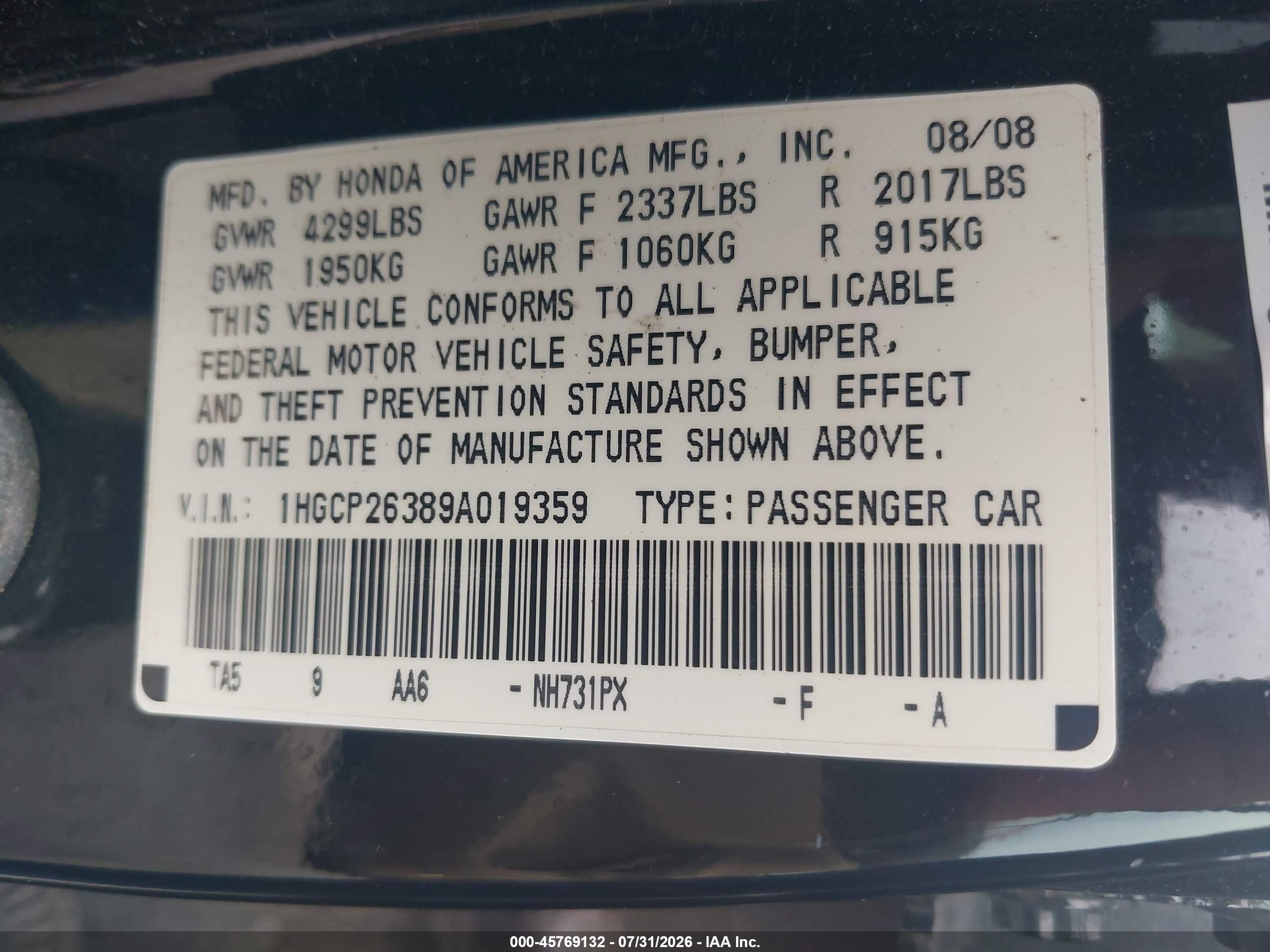 2009 Honda Accord 2.4 Lx Black vin: 1HGCP26389A019359