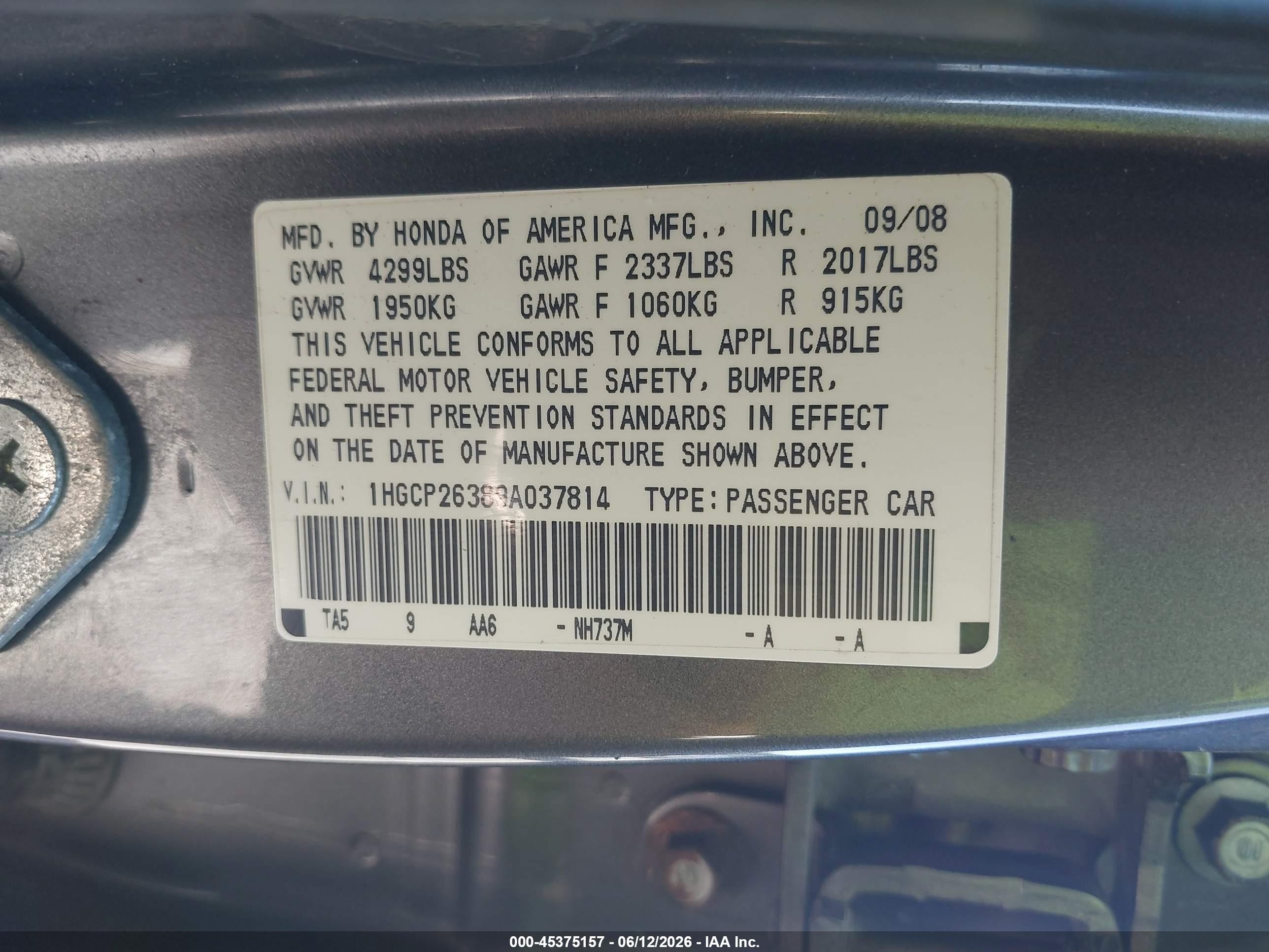 2009 Honda Accord 2.4 Lx Gray vin: 1HGCP26389A037814