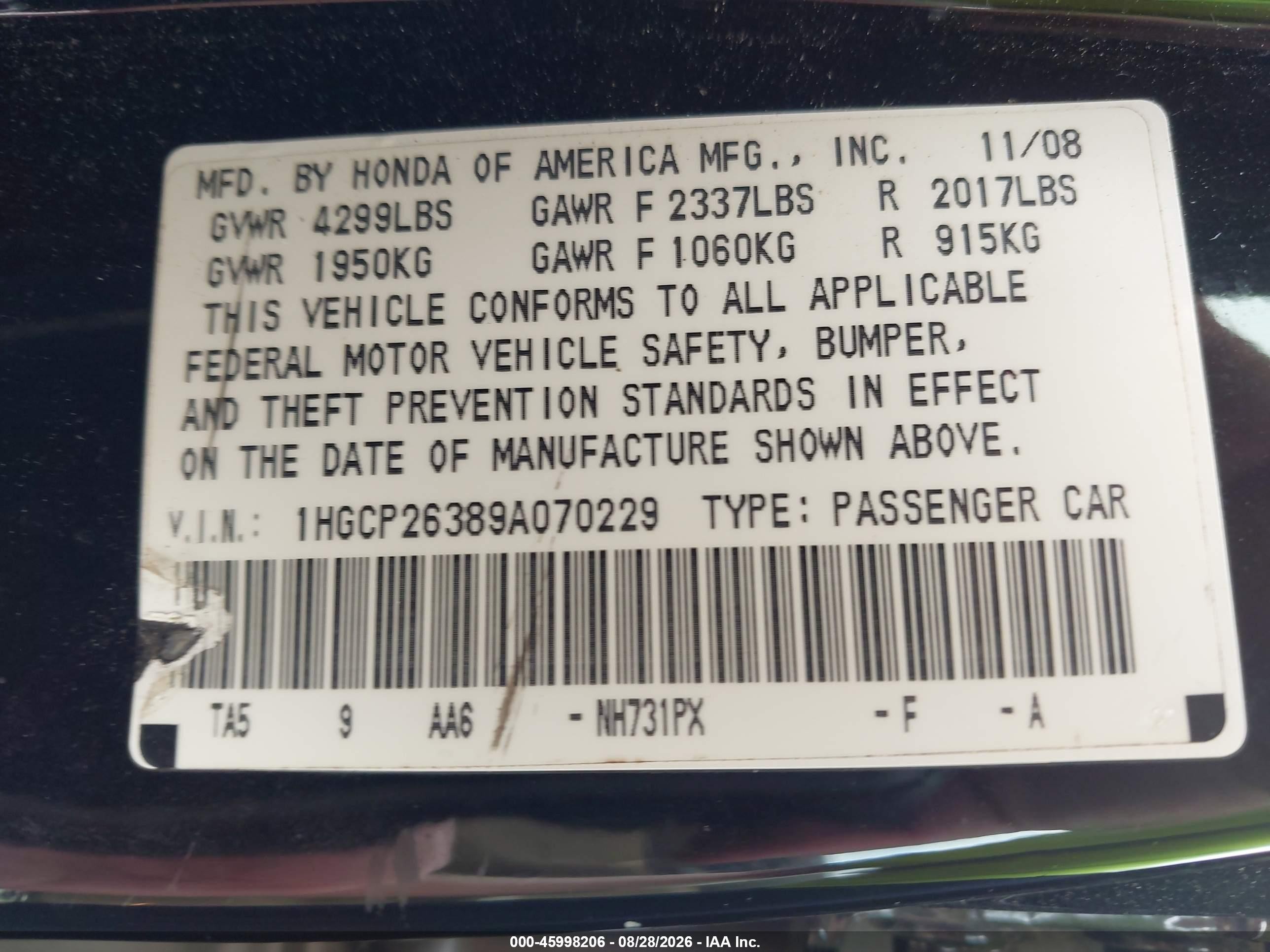2009 Honda Accord 2.4 Lx Black vin: 1HGCP26389A070229
