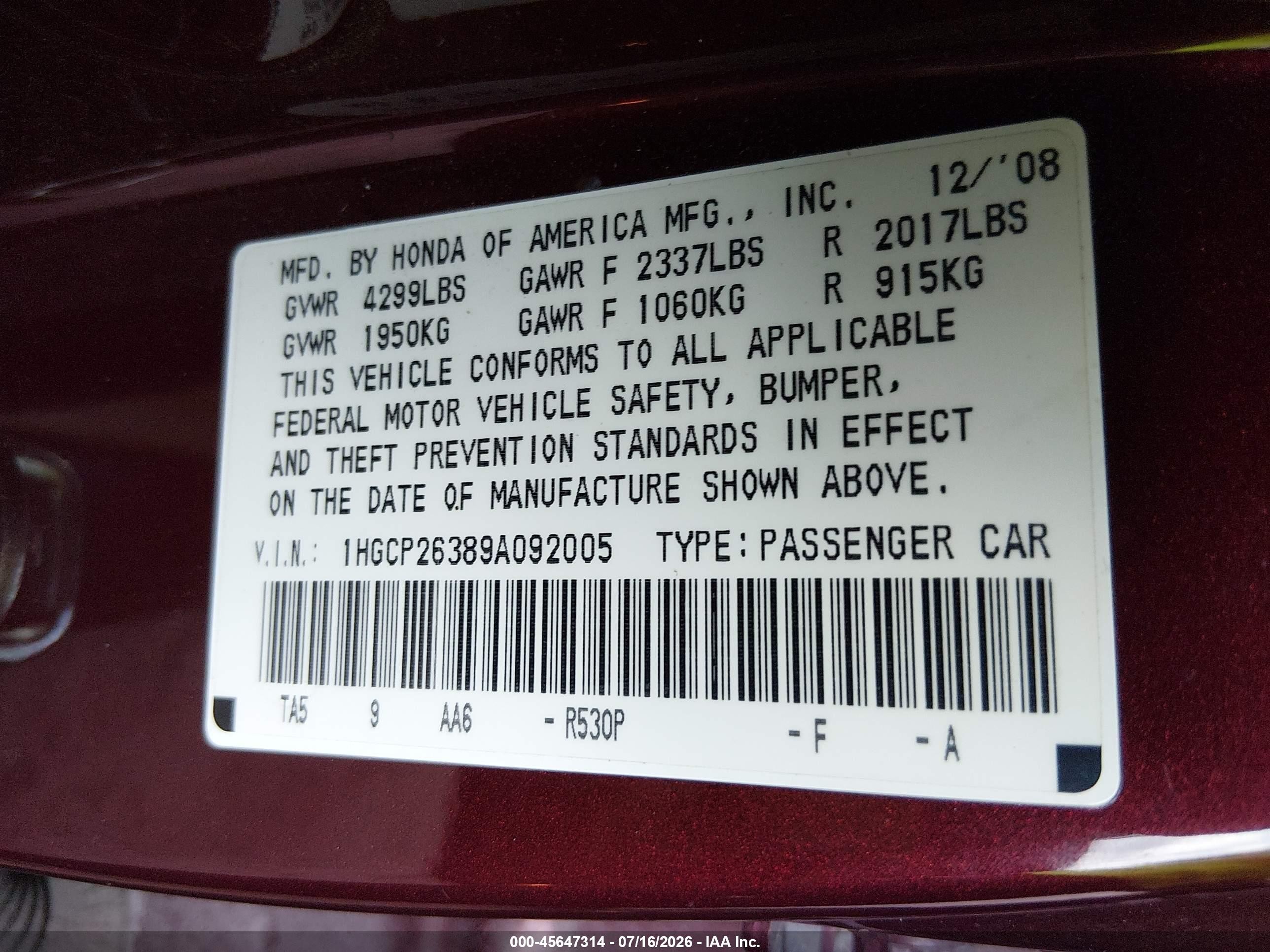 2009 Honda Accord 2.4 Lx Maroon vin: 1HGCP26389A092005