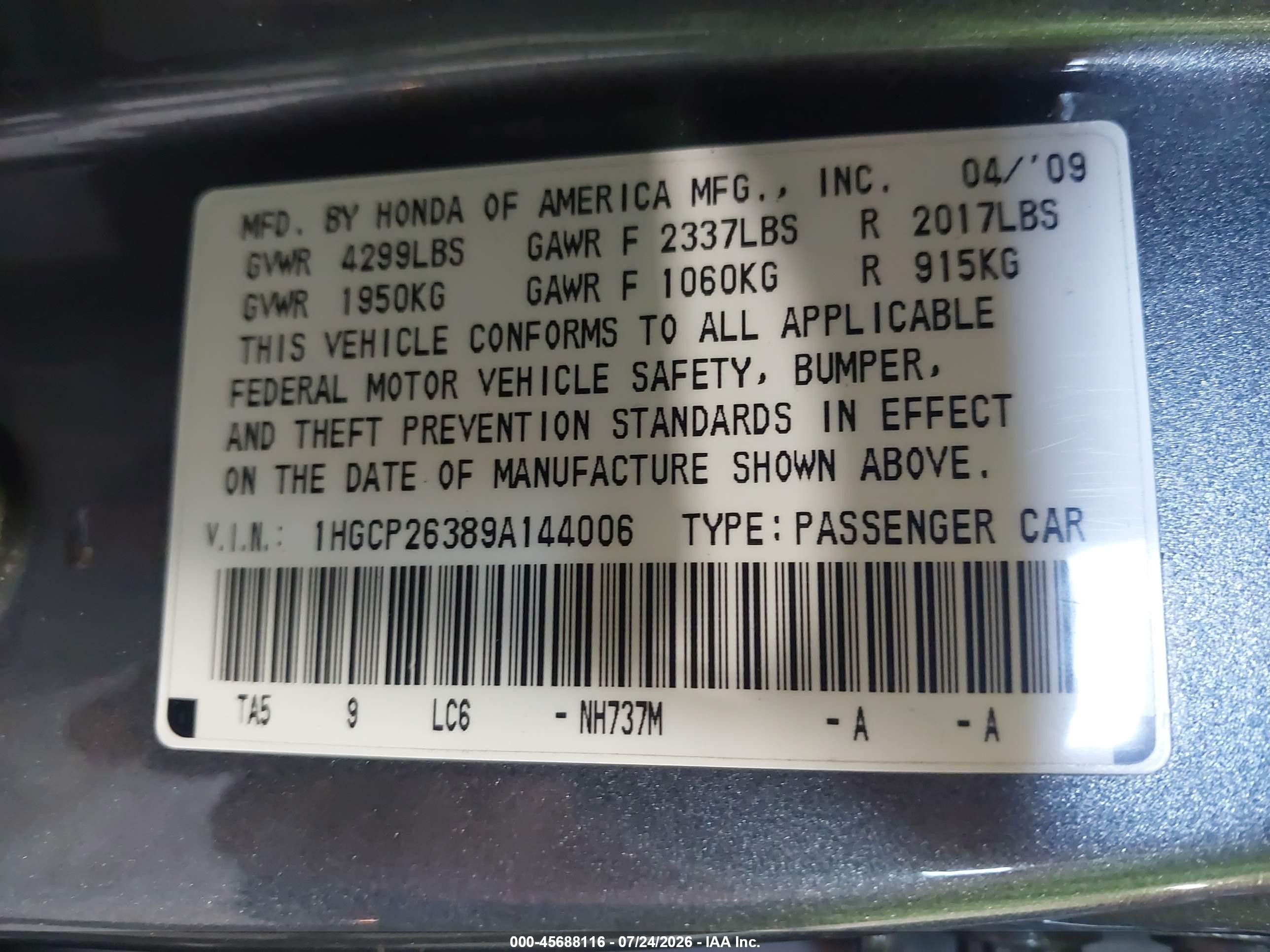 2009 Honda Accord 2.4 Lx Gray vin: 1HGCP26389A144006