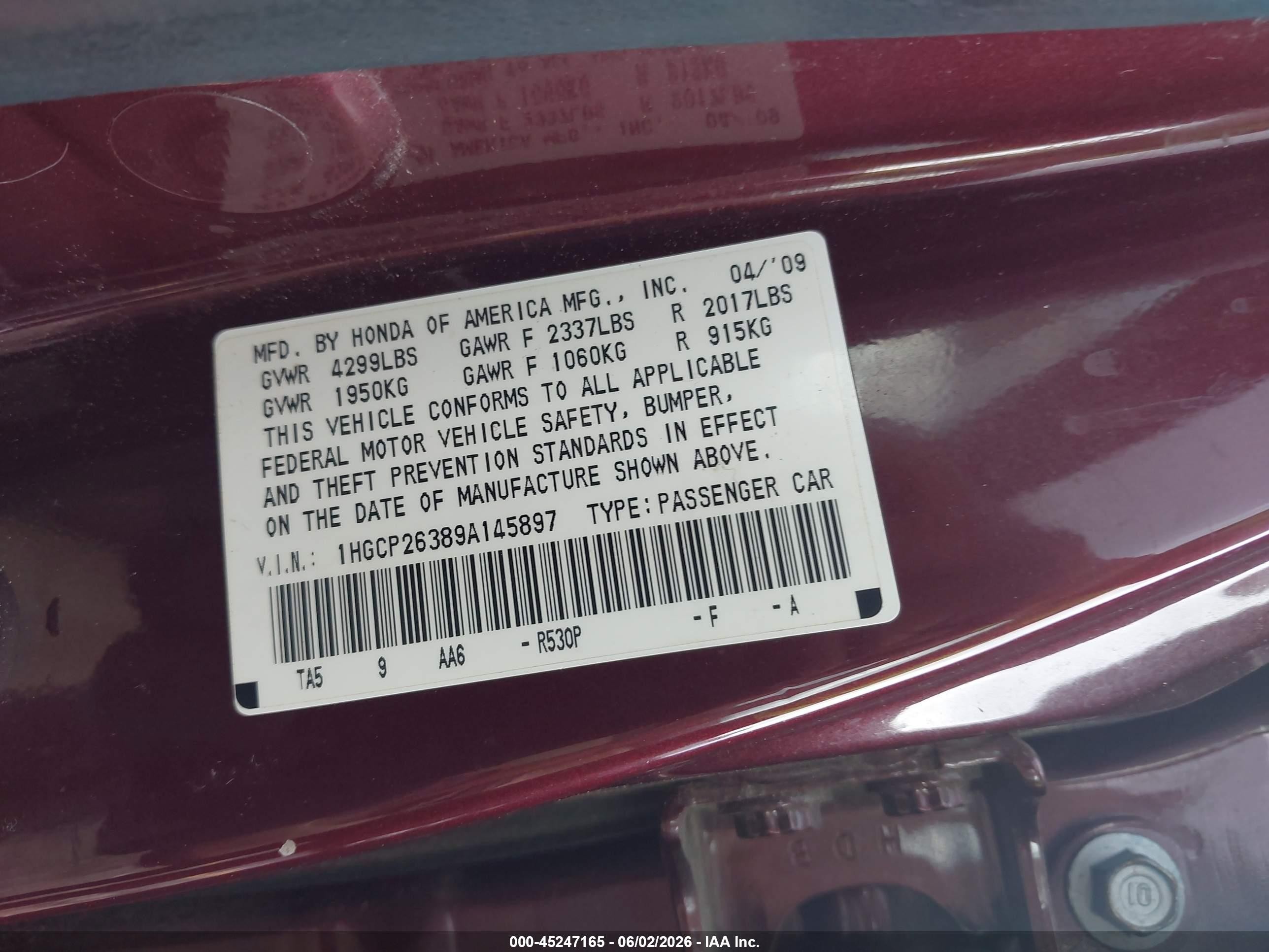 2009 Honda Accord 2.4 Lx Maroon vin: 1HGCP26389A145897
