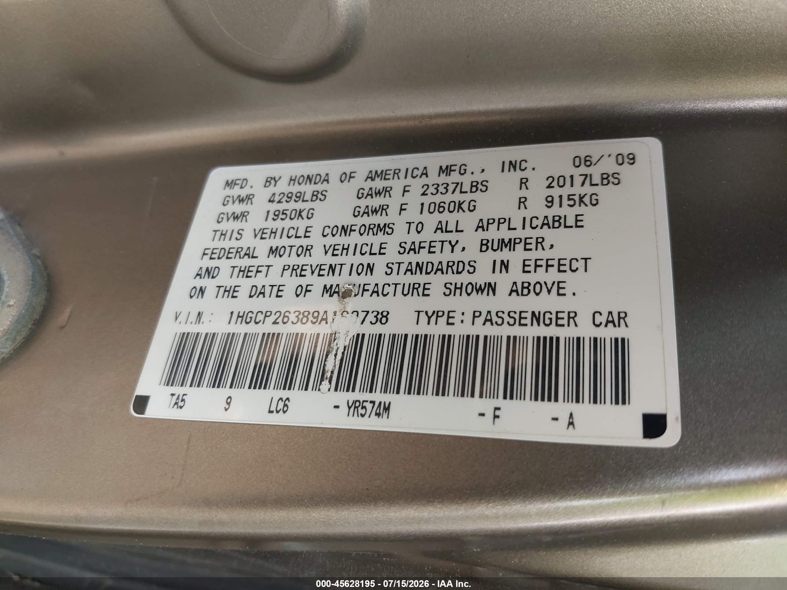 2009 Honda Accord 2.4 Lx Beige vin: 1HGCP26389A160738