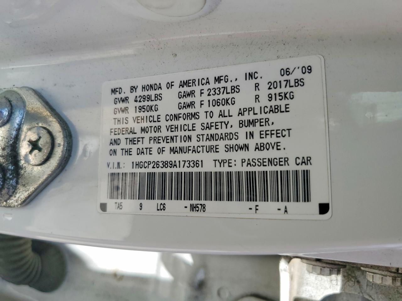 2009 Honda Accord Lx White vin: 1HGCP26389A173361