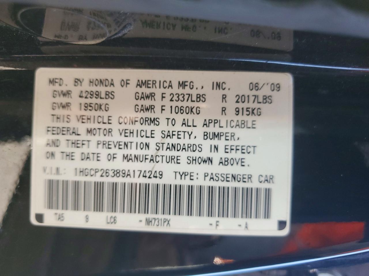 2009 Honda Accord Lx Black vin: 1HGCP26389A174249