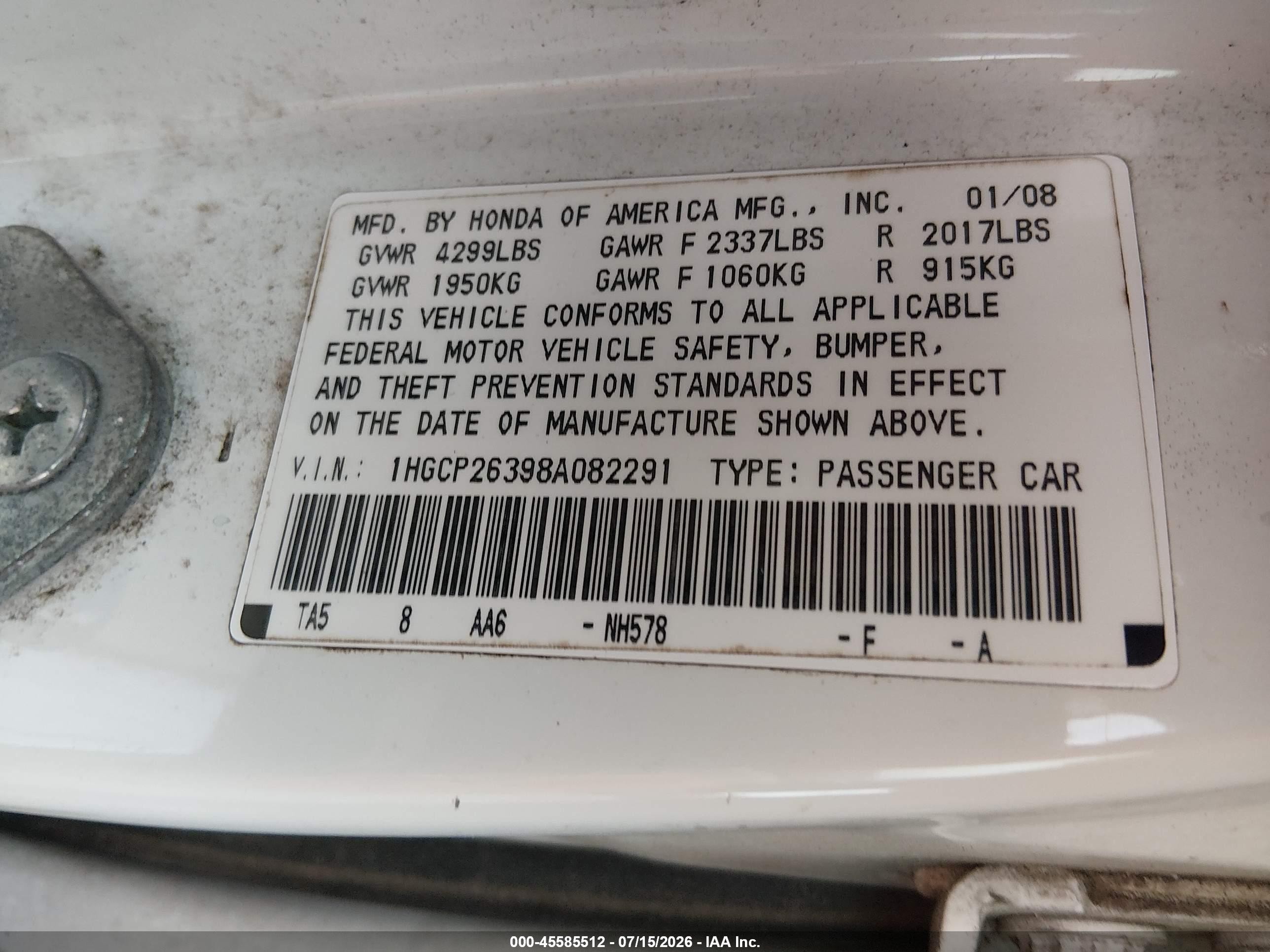 2008 Honda Accord 2.4 Lx White vin: 1HGCP26398A082291