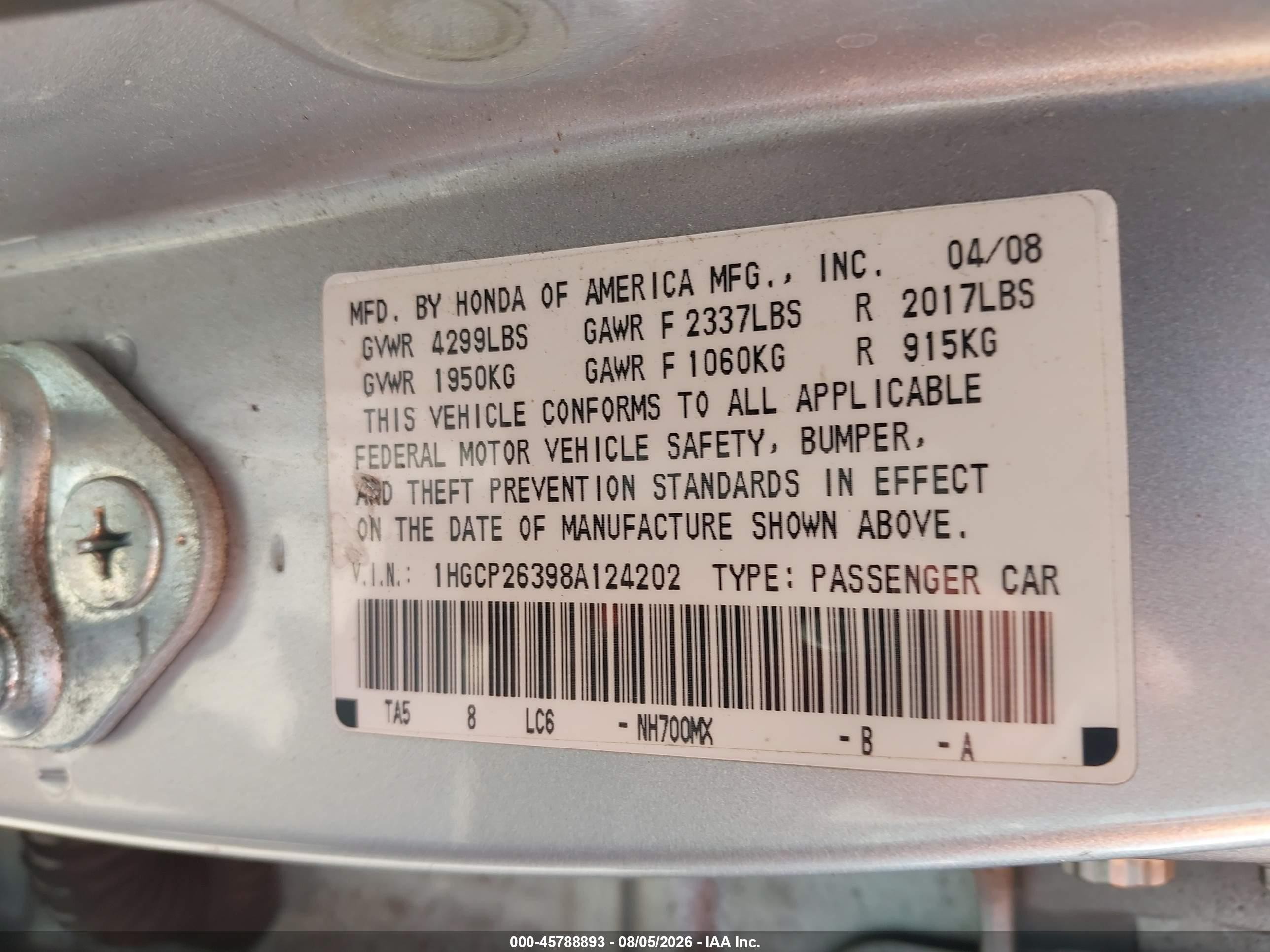 2008 Honda Accord 2.4 Lx Silver vin: 1HGCP26398A124202