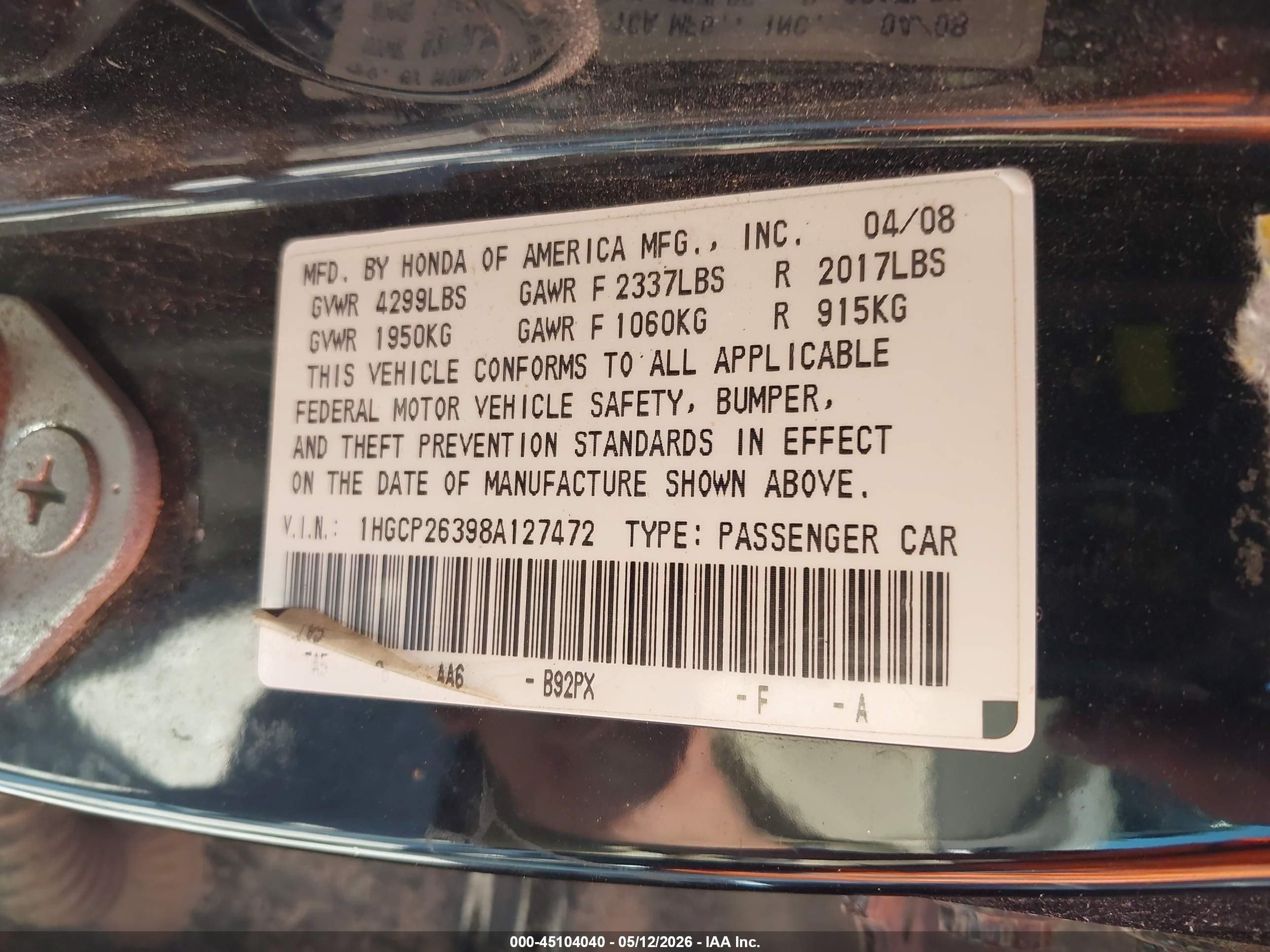 2008 Honda Accord 2.4 Lx Black vin: 1HGCP26398A127472