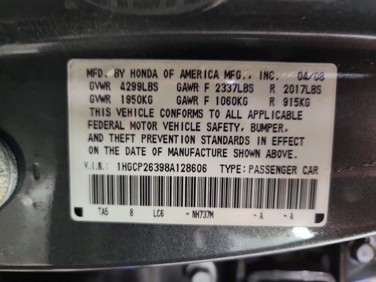 2008 Honda Accord Lx Gray vin: 1HGCP26398A128606