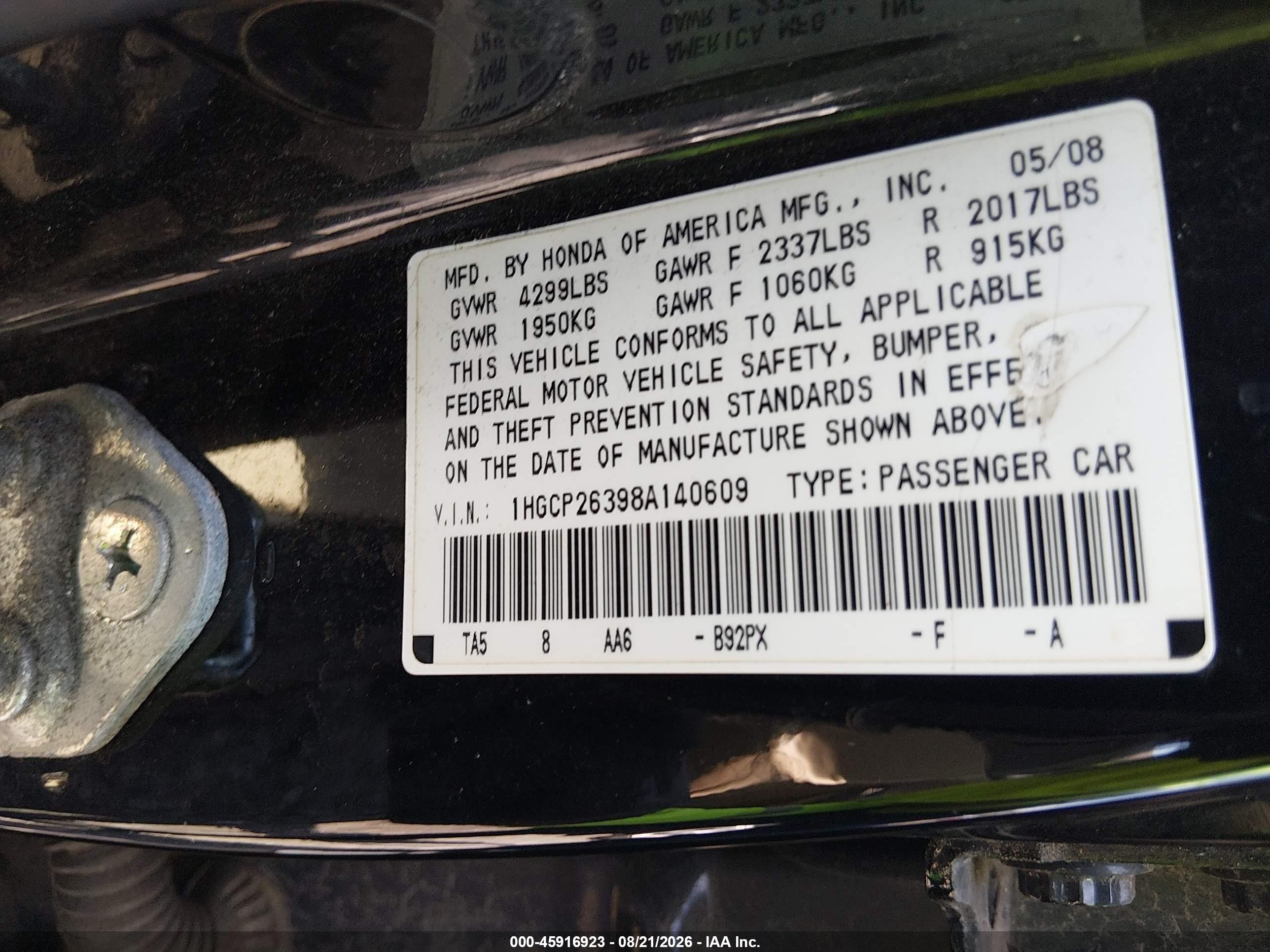 2008 Honda Accord 2.4 Lx Blue vin: 1HGCP26398A140609
