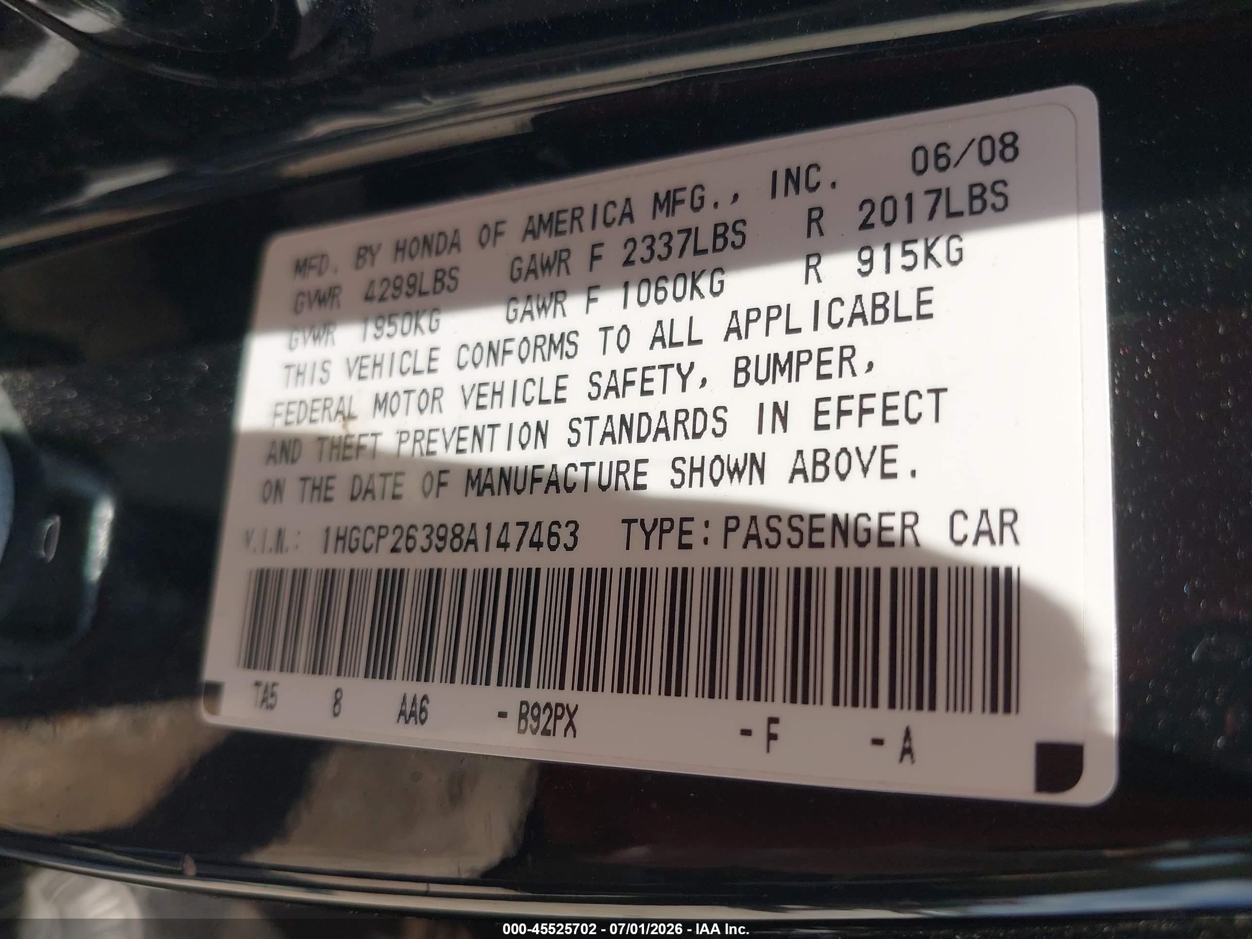 2008 Honda Accord 2.4 Lx Черный vin: 1HGCP26398A147463
