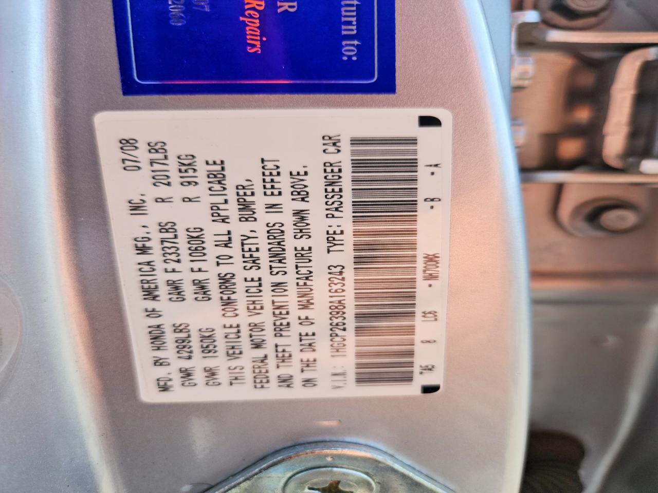 2008 Honda Accord Lx Серебряный vin: 1HGCP26398A163243