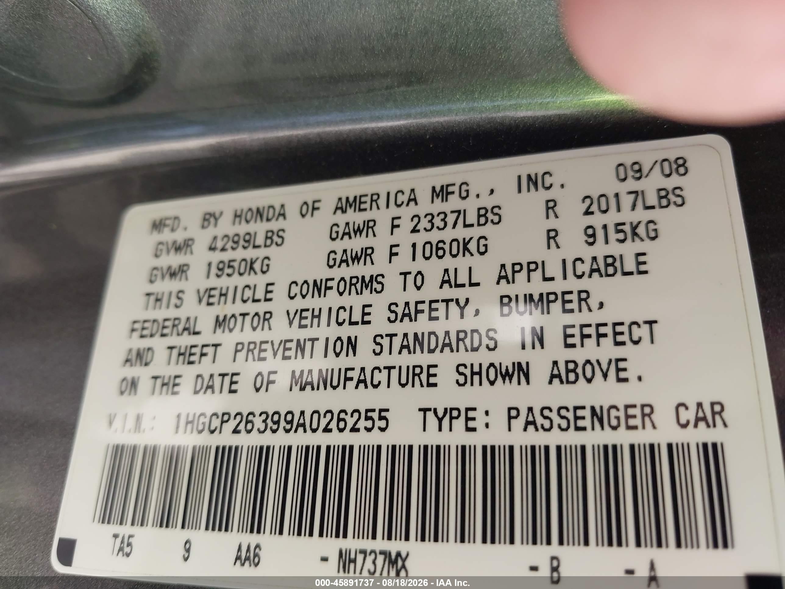 2009 Honda Accord 2.4 Lx Gray vin: 1HGCP26399A026255