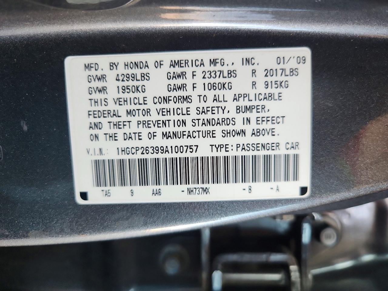 2009 Honda Accord Lx Gray vin: 1HGCP26399A100757
