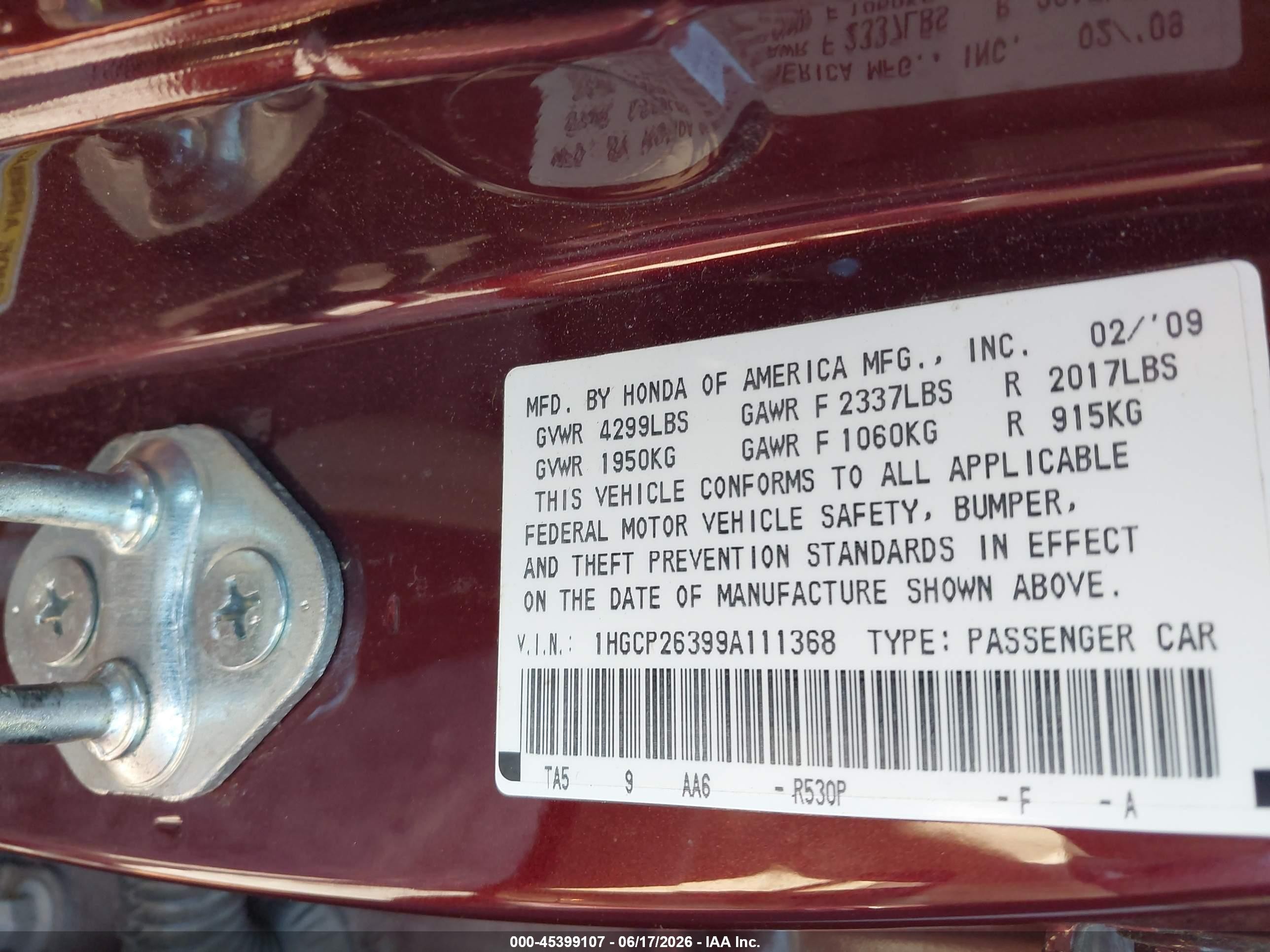 2009 Honda Accord 2.4 Lx Темно-бордовый vin: 1HGCP26399A111368