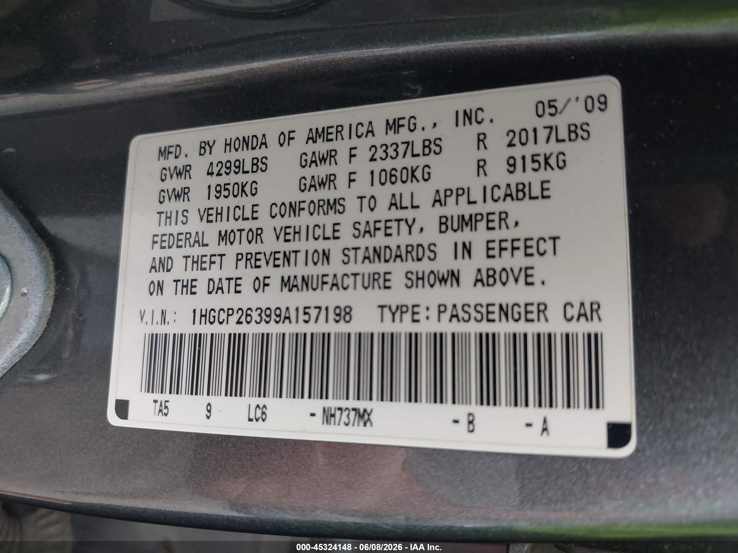 2009 Honda Accord 2.4 Lx Серый vin: 1HGCP26399A157198