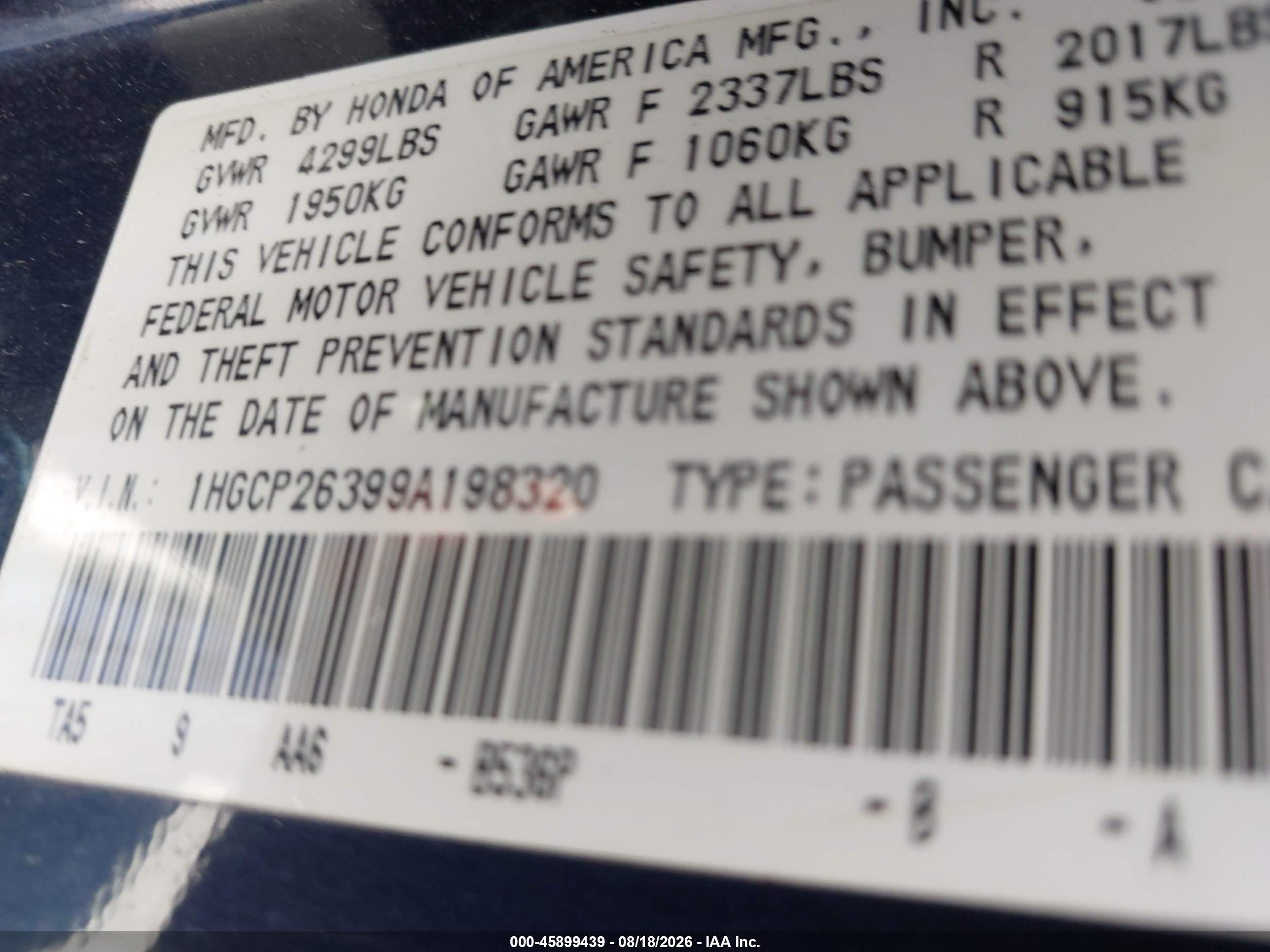 2009 Honda Accord 2.4 Lx Blue vin: 1HGCP26399A198320