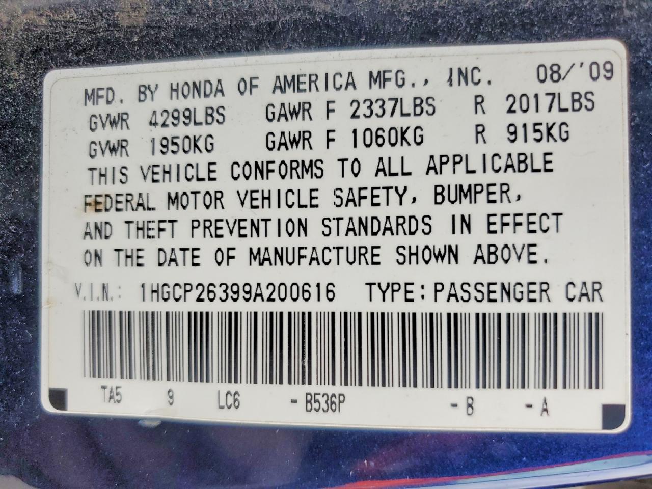 2009 Honda Accord Lx Blue vin: 1HGCP26399A200616