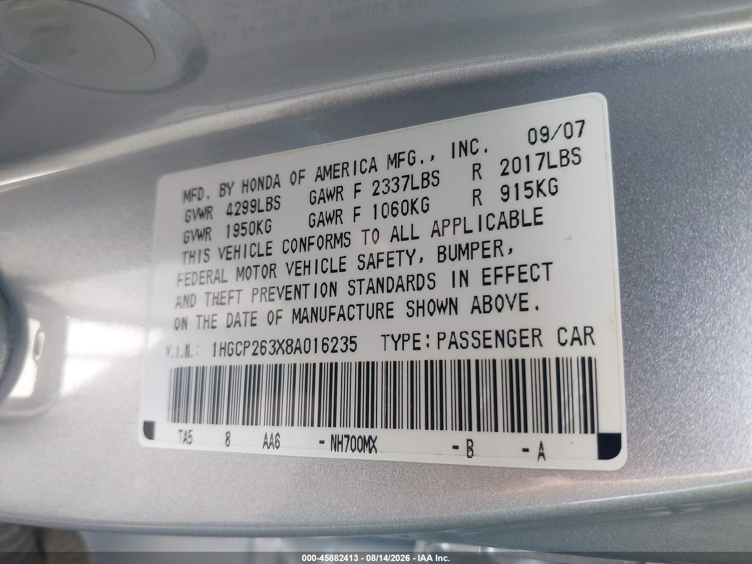 2008 Honda Accord 2.4 Lx Silver vin: 1HGCP263X8A016235