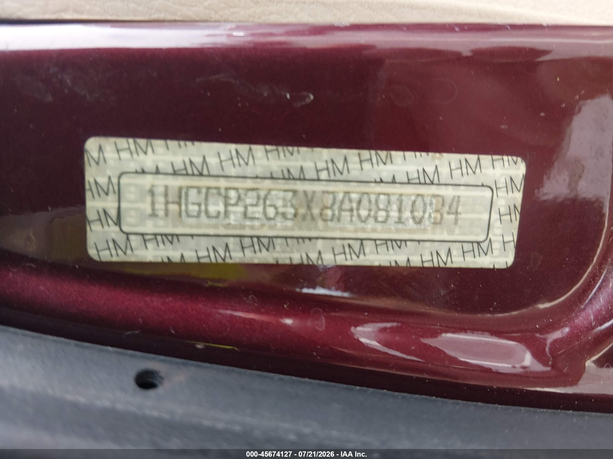 2008 Honda Accord 2.4 Lx Burgundy vin: 1HGCP263X8A081084
