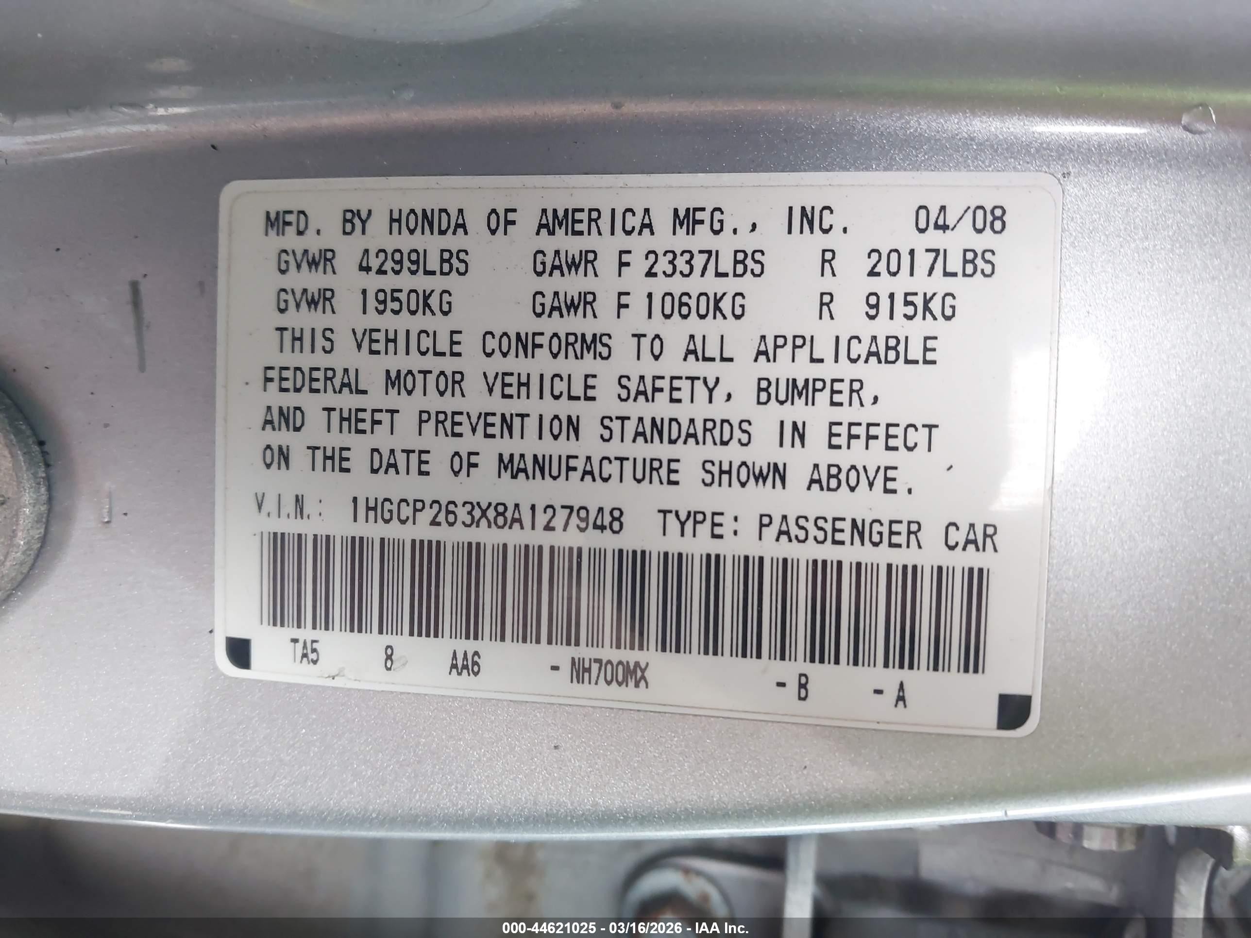 2008 Honda Accord 2.4 Lx Silver vin: 1HGCP263X8A127948