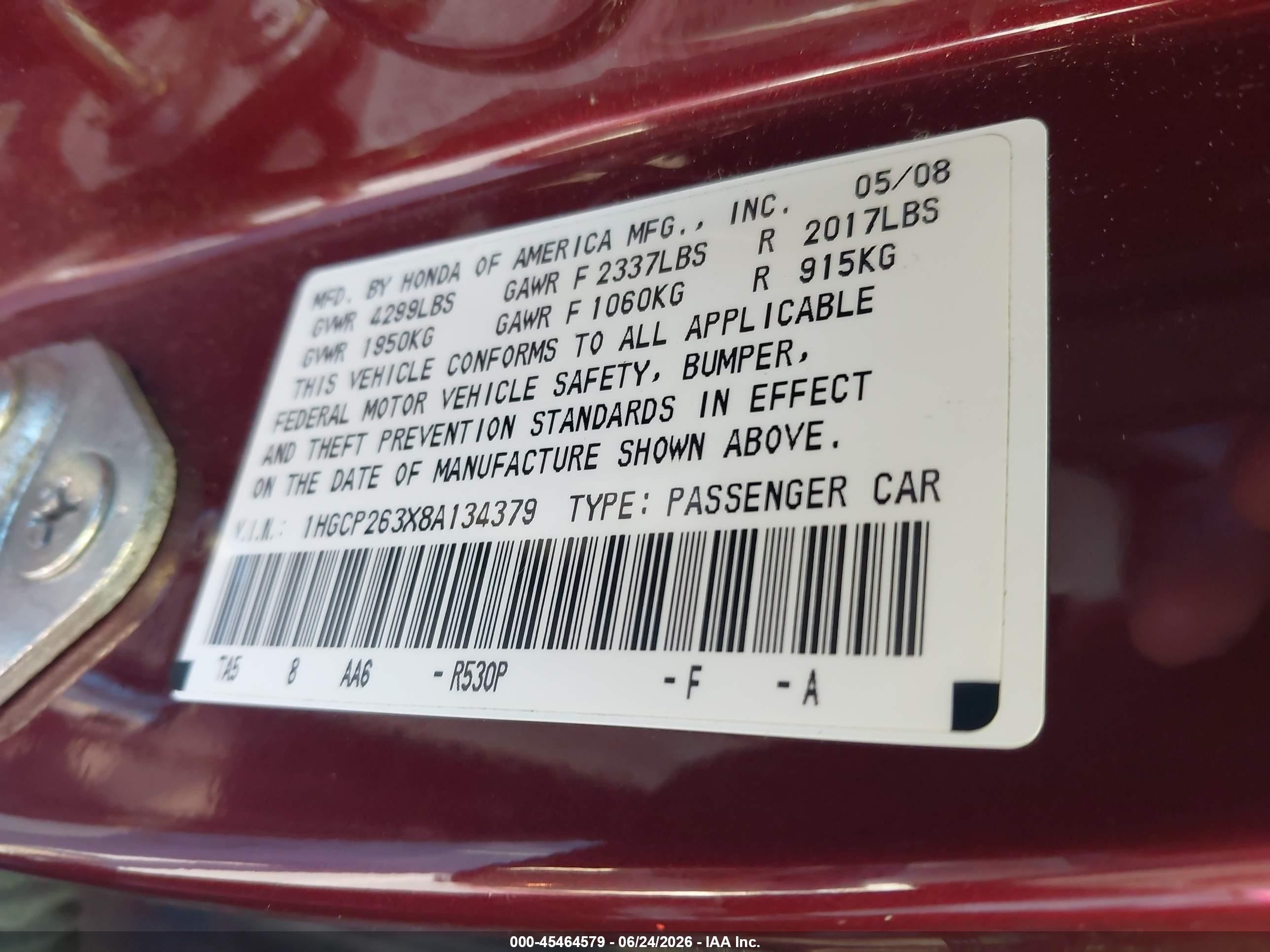 2008 Honda Accord 2.4 Lx Burgundy vin: 1HGCP263X8A134379