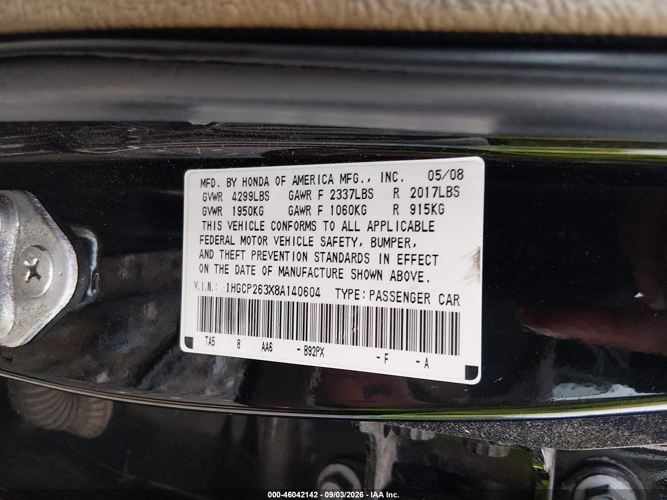 2008 Honda Accord 2.4 Lx Черный vin: 1HGCP263X8A140604