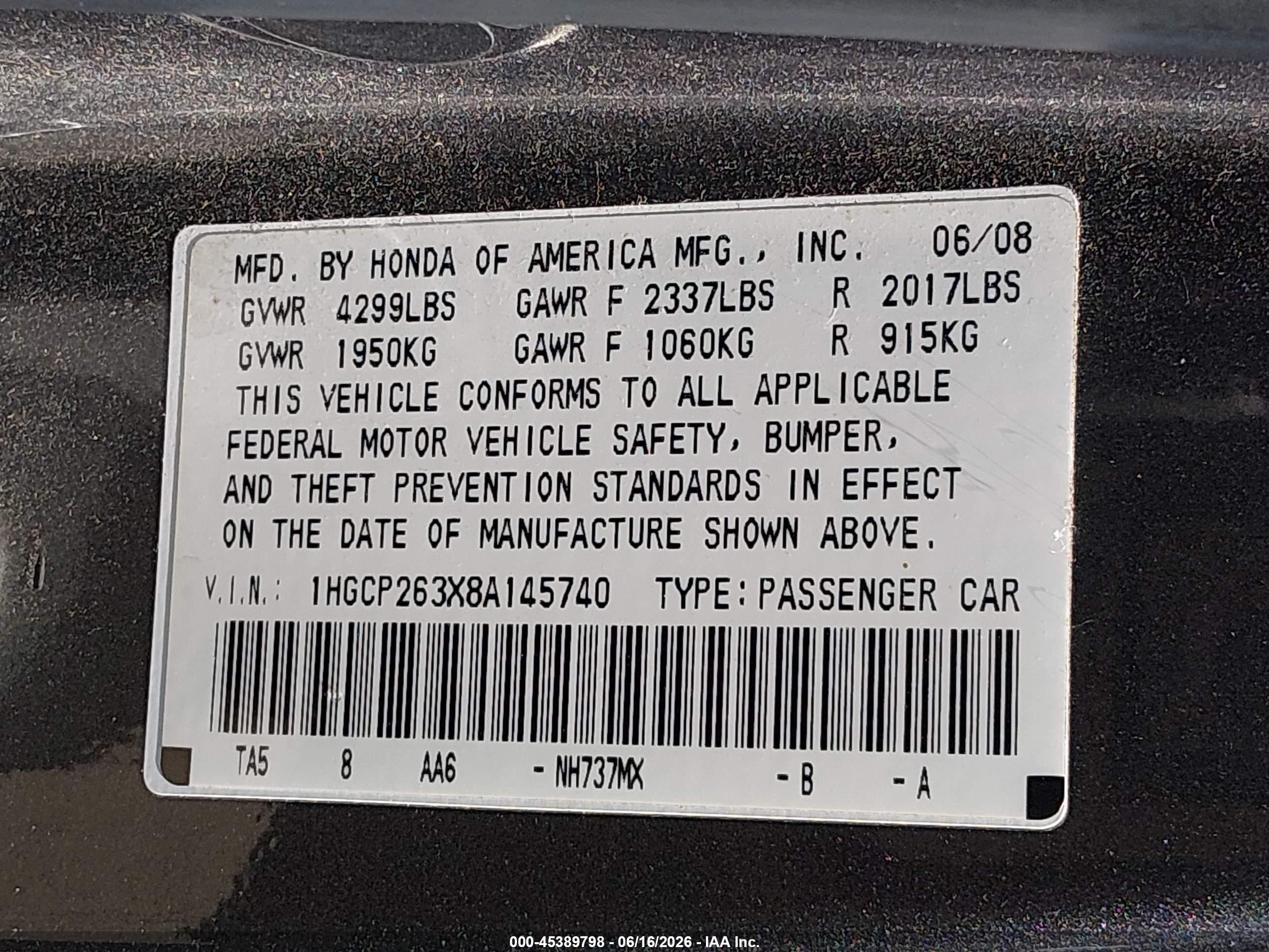 2008 Honda Accord 2.4 Lx Gray vin: 1HGCP263X8A145740