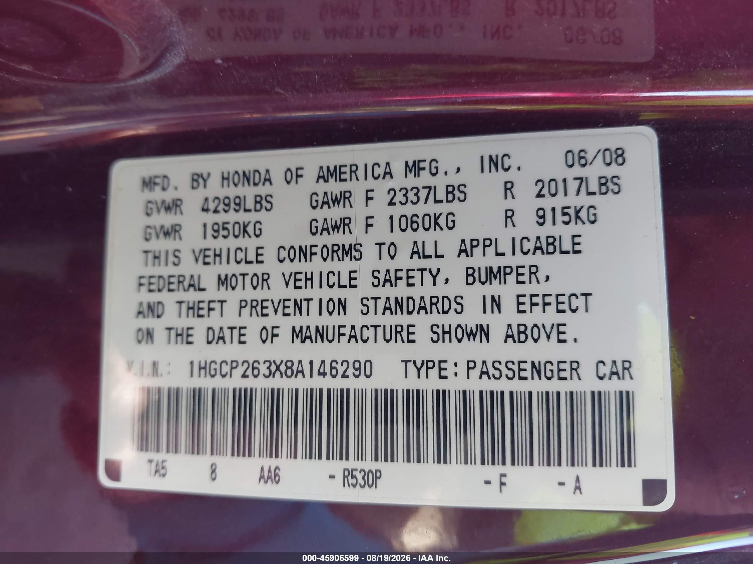 2008 Honda Accord 2.4 Lx Maroon vin: 1HGCP263X8A146290