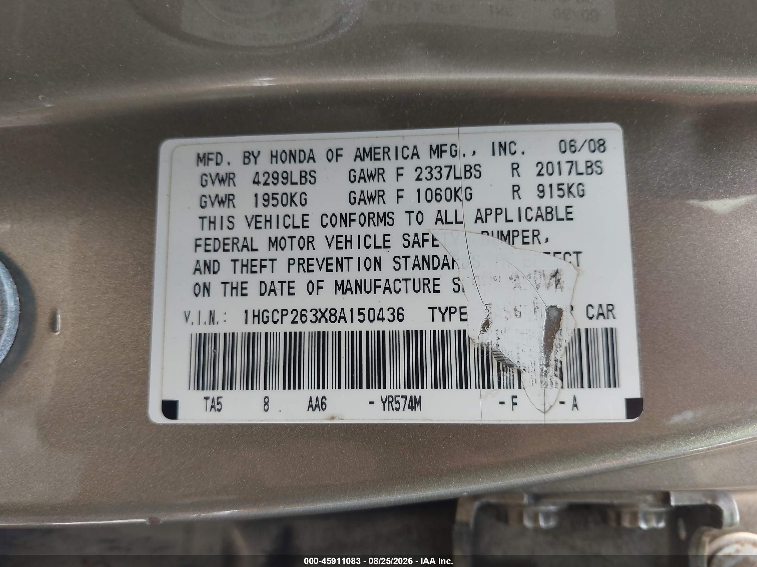 2008 Honda Accord 2.4 Lx Gold vin: 1HGCP263X8A150436