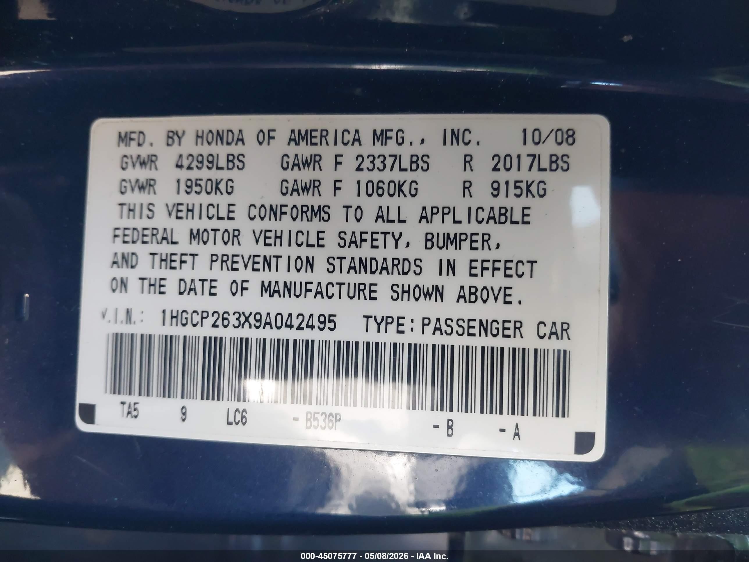 2009 Honda Accord 2.4 Lx Dark Blue vin: 1HGCP263X9A042495