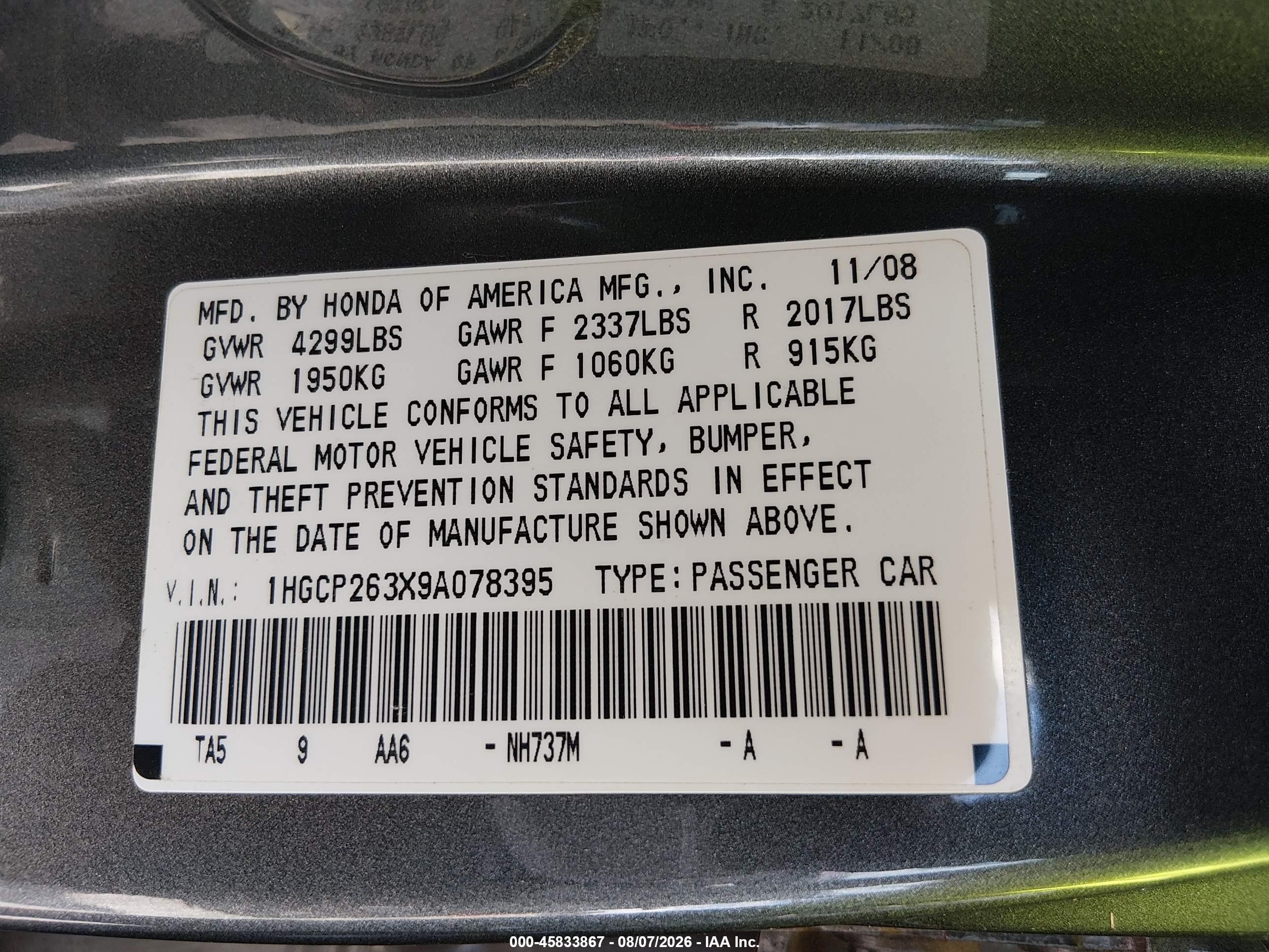 2009 Honda Accord 2.4 Lx Gray vin: 1HGCP263X9A078395
