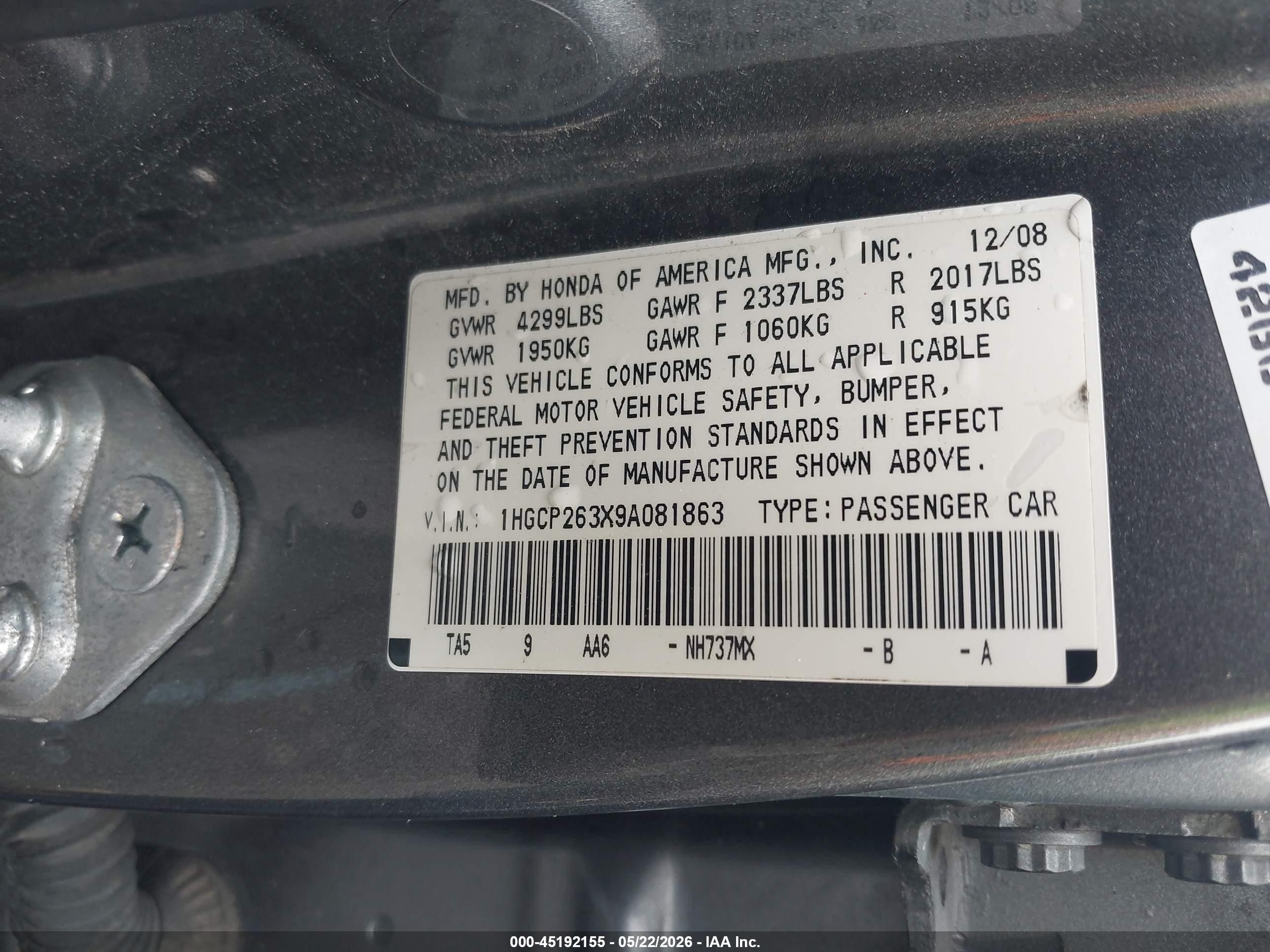 2009 Honda Accord 2.4 Lx Light Blue vin: 1HGCP263X9A081863