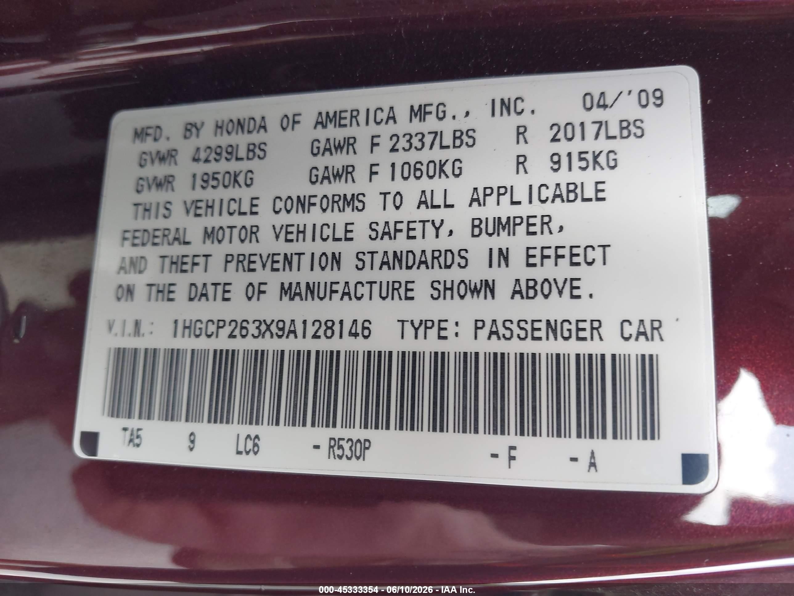 2009 Honda Accord 2.4 Lx Maroon vin: 1HGCP263X9A128146