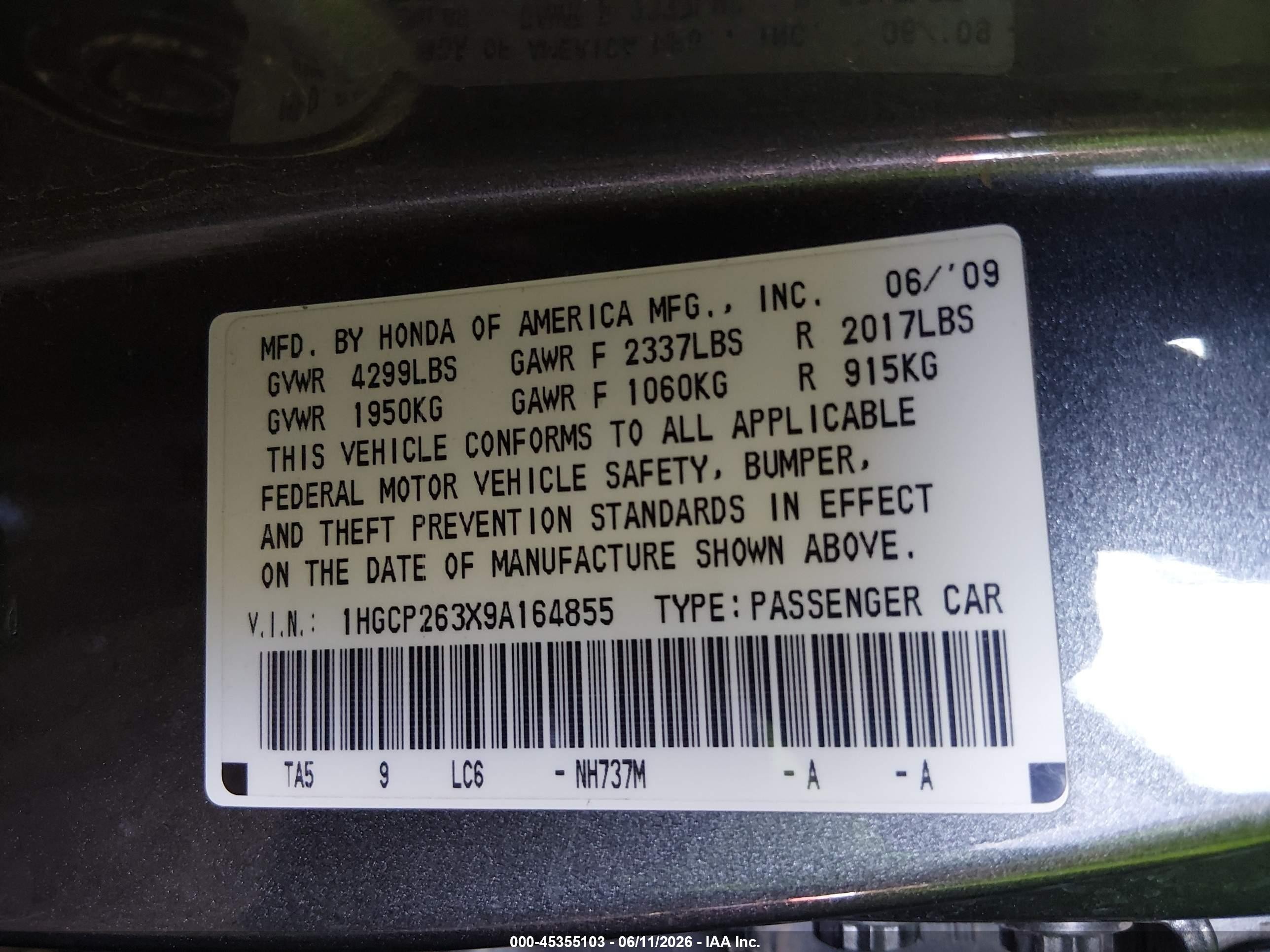 2009 Honda Accord 2.4 Lx Gray vin: 1HGCP263X9A164855