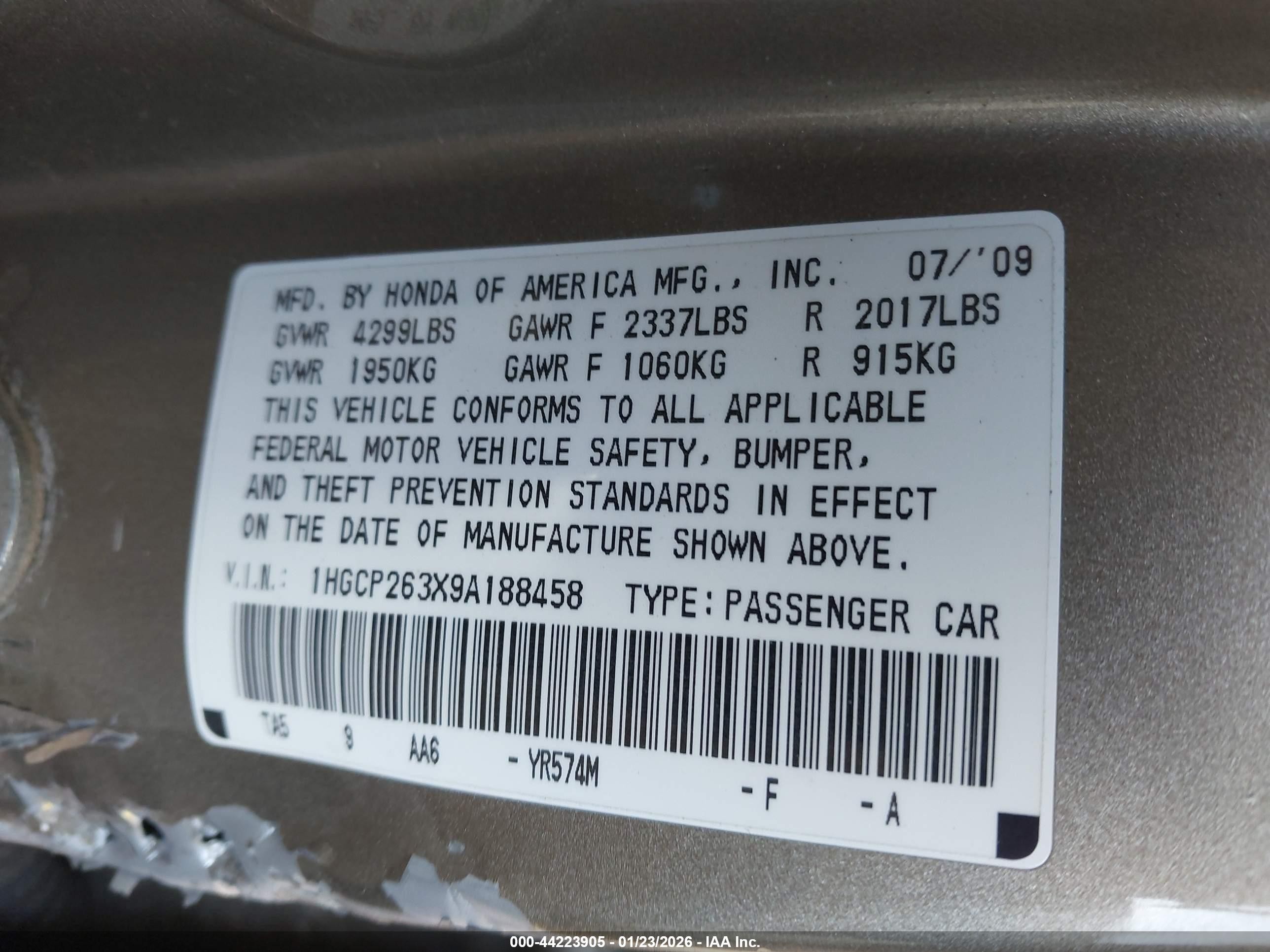 2009 Honda Accord 2.4 Lx Brown vin: 1HGCP263X9A188458