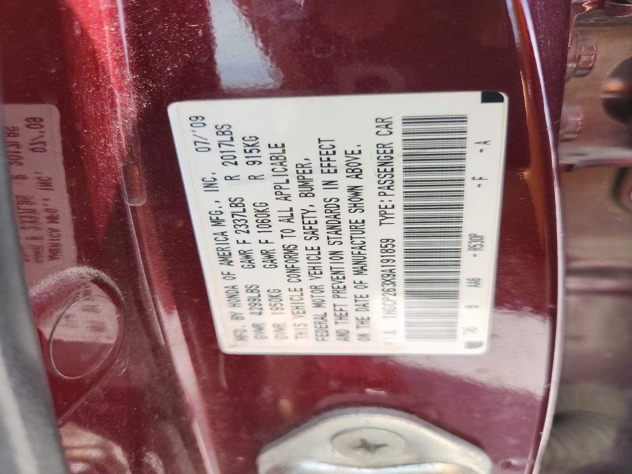 2009 Honda Accord Maroon vin: 1HGCP263X9A191859