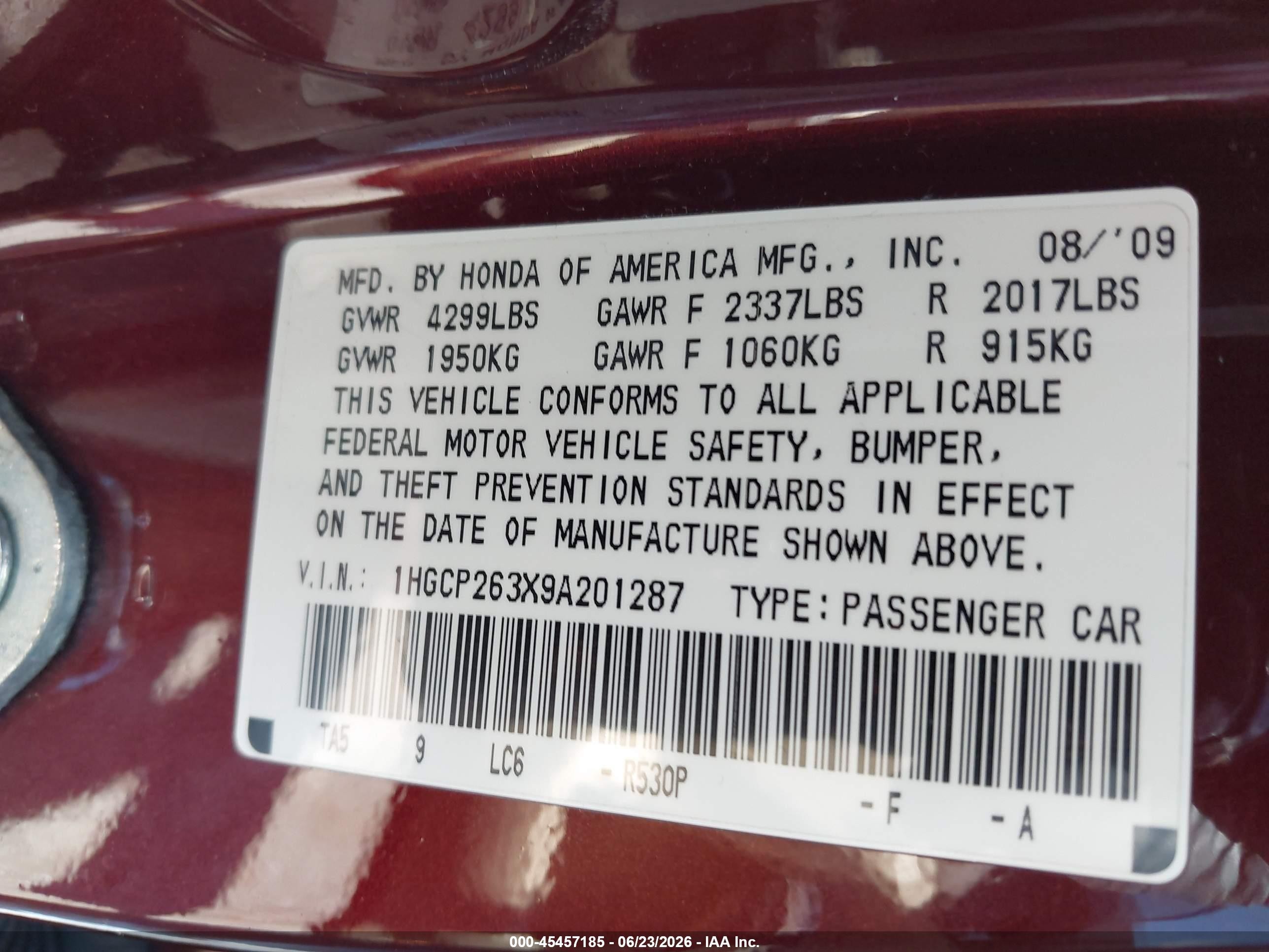 2009 Honda Accord 2.4 Lx Red vin: 1HGCP263X9A201287