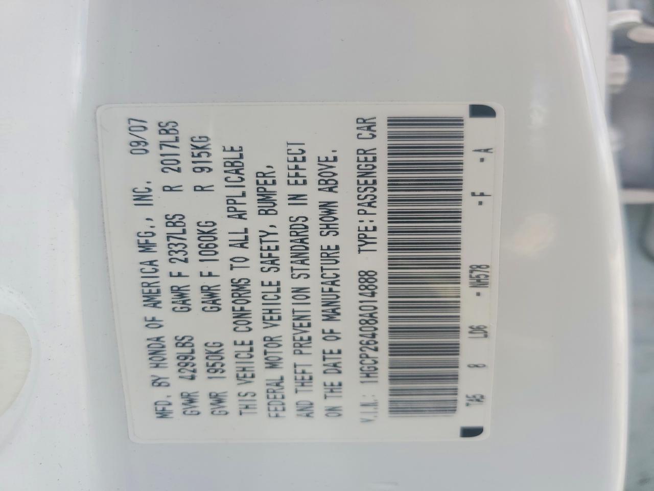 2008 Honda Accord Lxp White vin: 1HGCP26408A014888