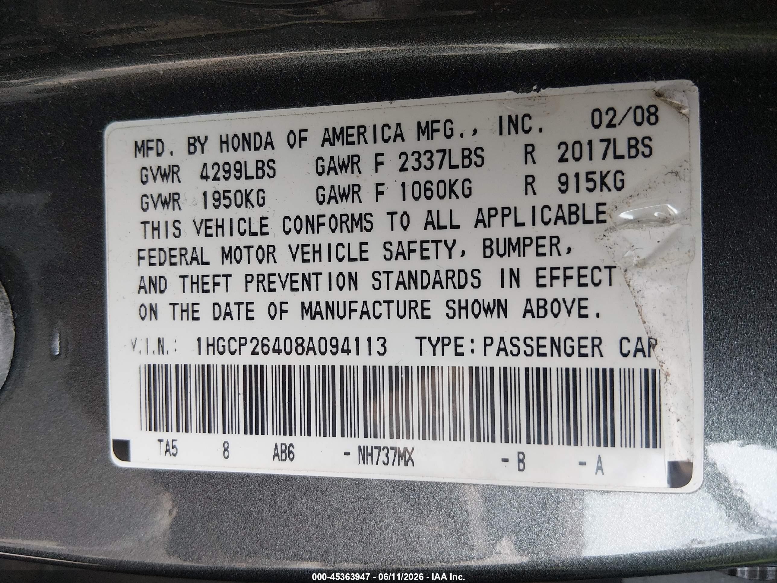 2008 Honda Accord 2.4 Lx-p Gray vin: 1HGCP26408A094113