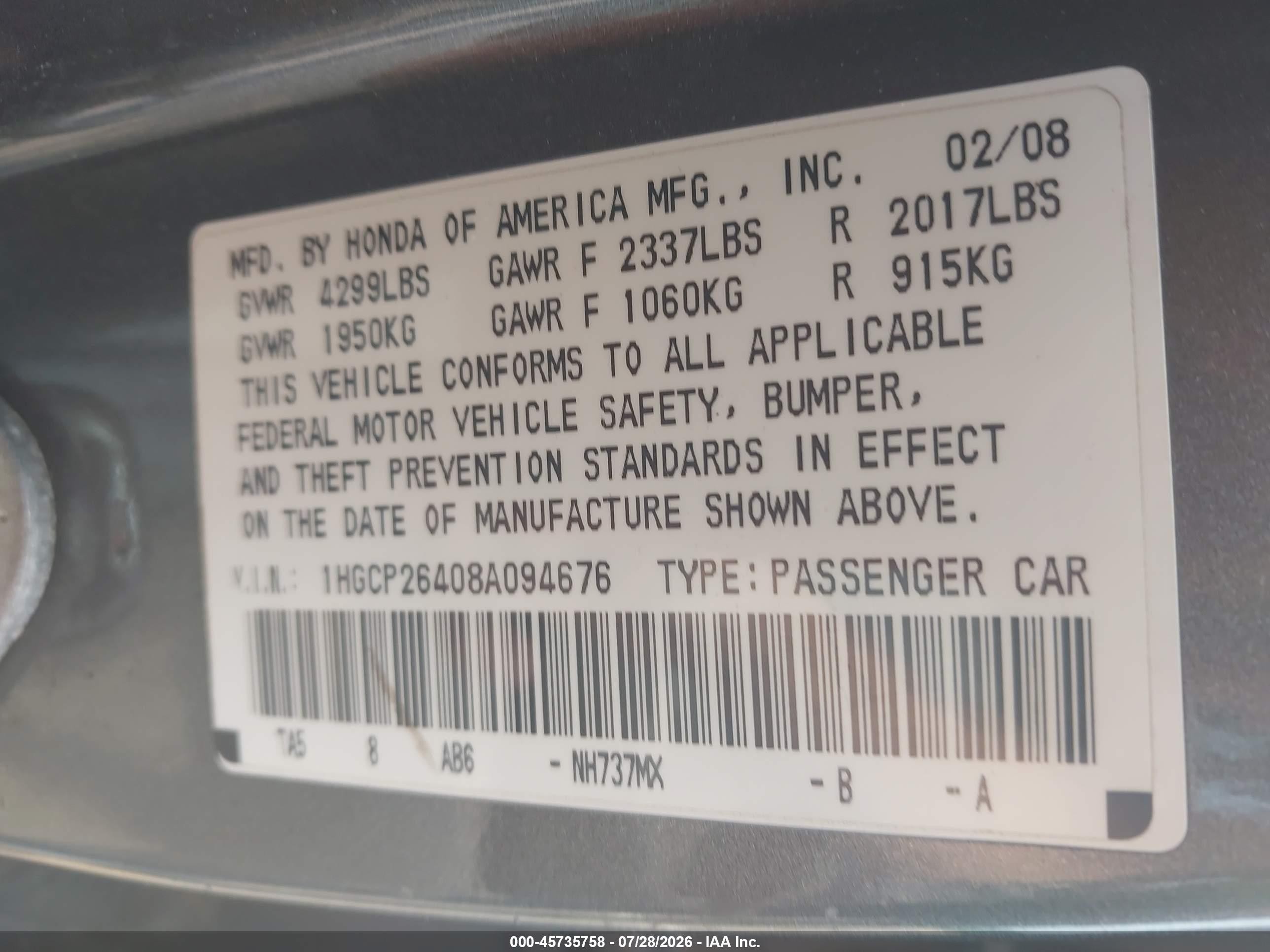 2008 Honda Accord 2.4 Lx-p Gray vin: 1HGCP26408A094676