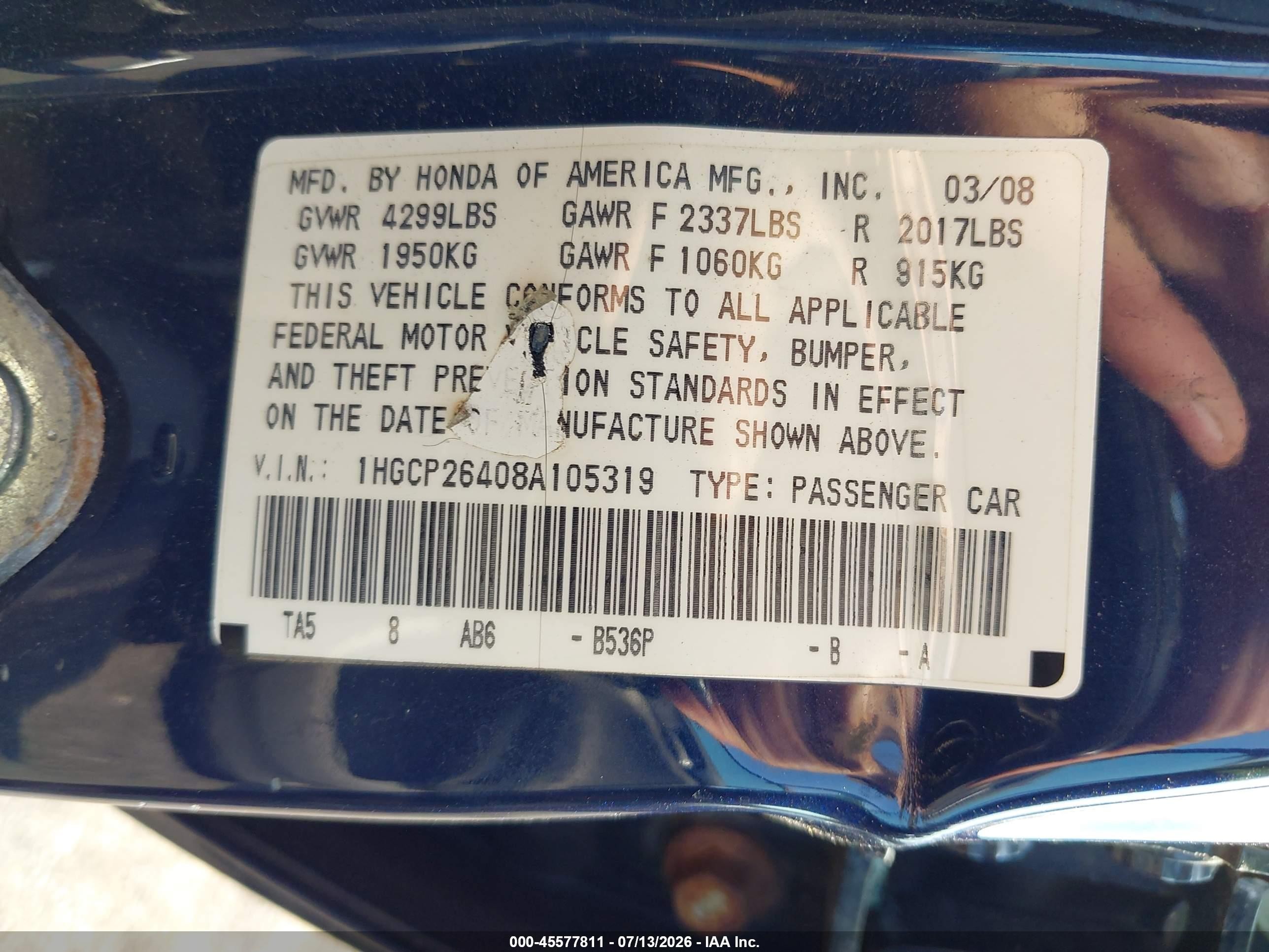 2008 Honda Accord 2.4 Lx-p Dark Blue vin: 1HGCP26408A105319