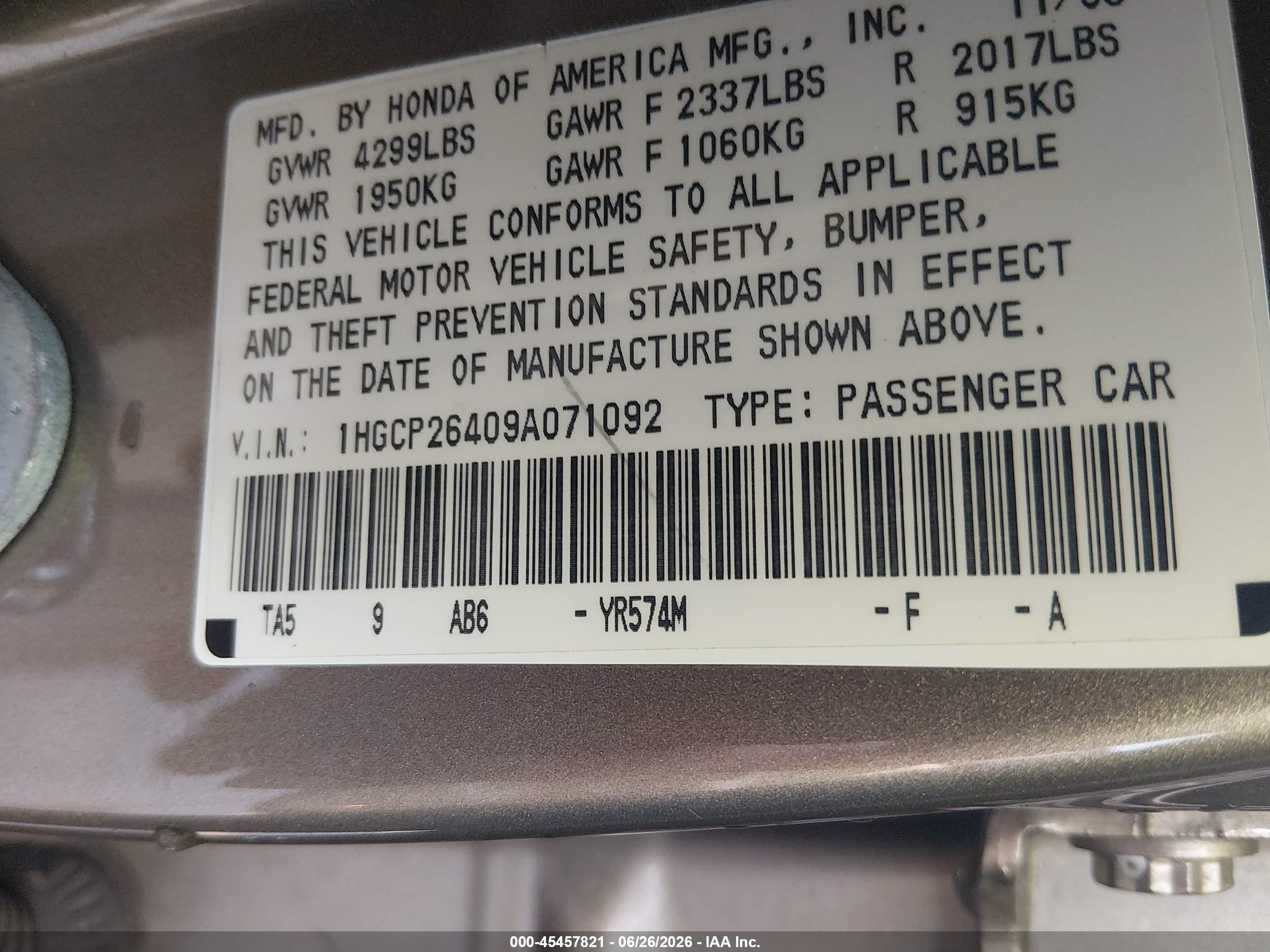 2009 Honda Accord 2.4 Lx-p Gold vin: 1HGCP26409A071092