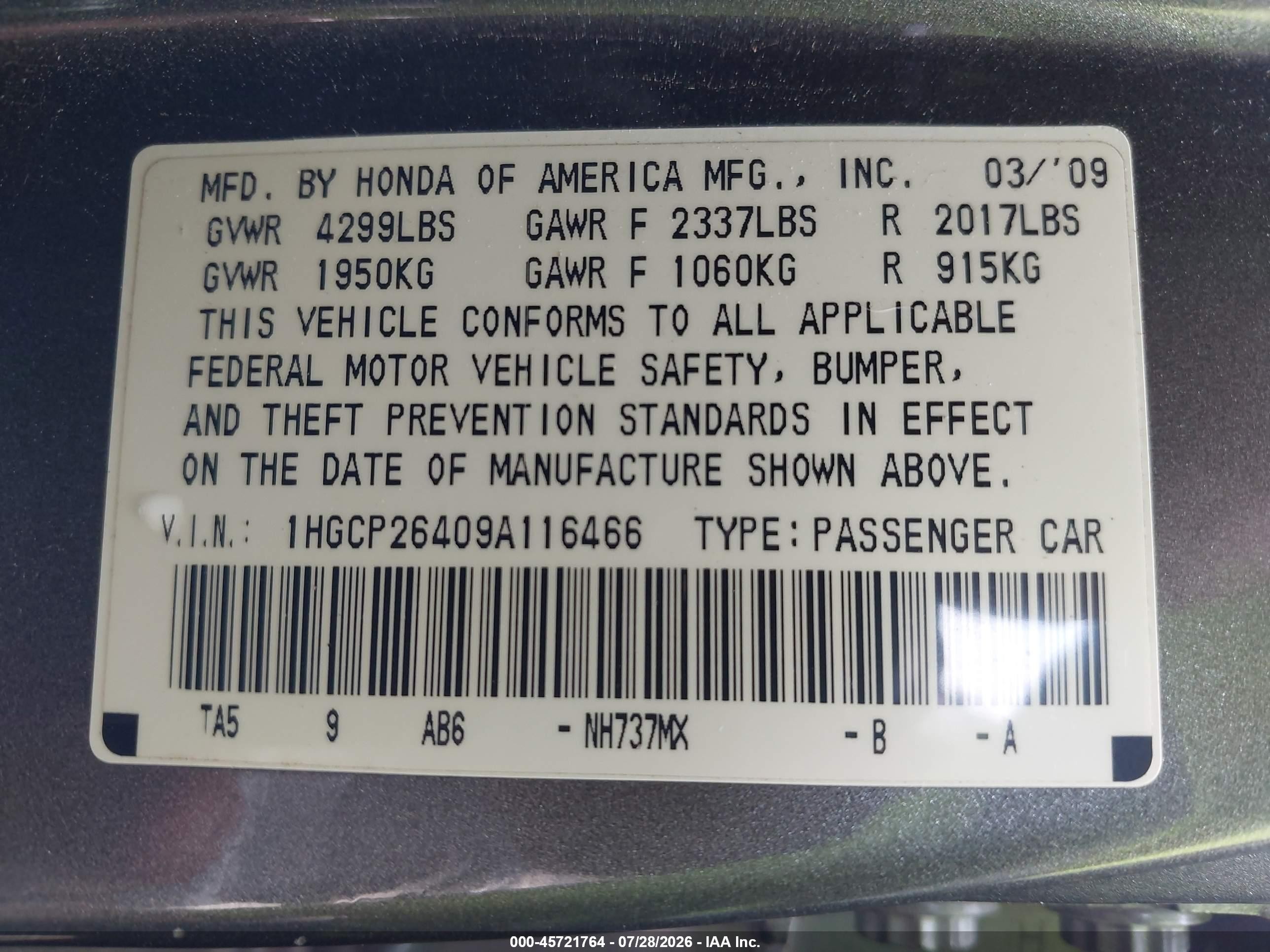 2009 Honda Accord 2.4 Lx-p Silver vin: 1HGCP26409A116466