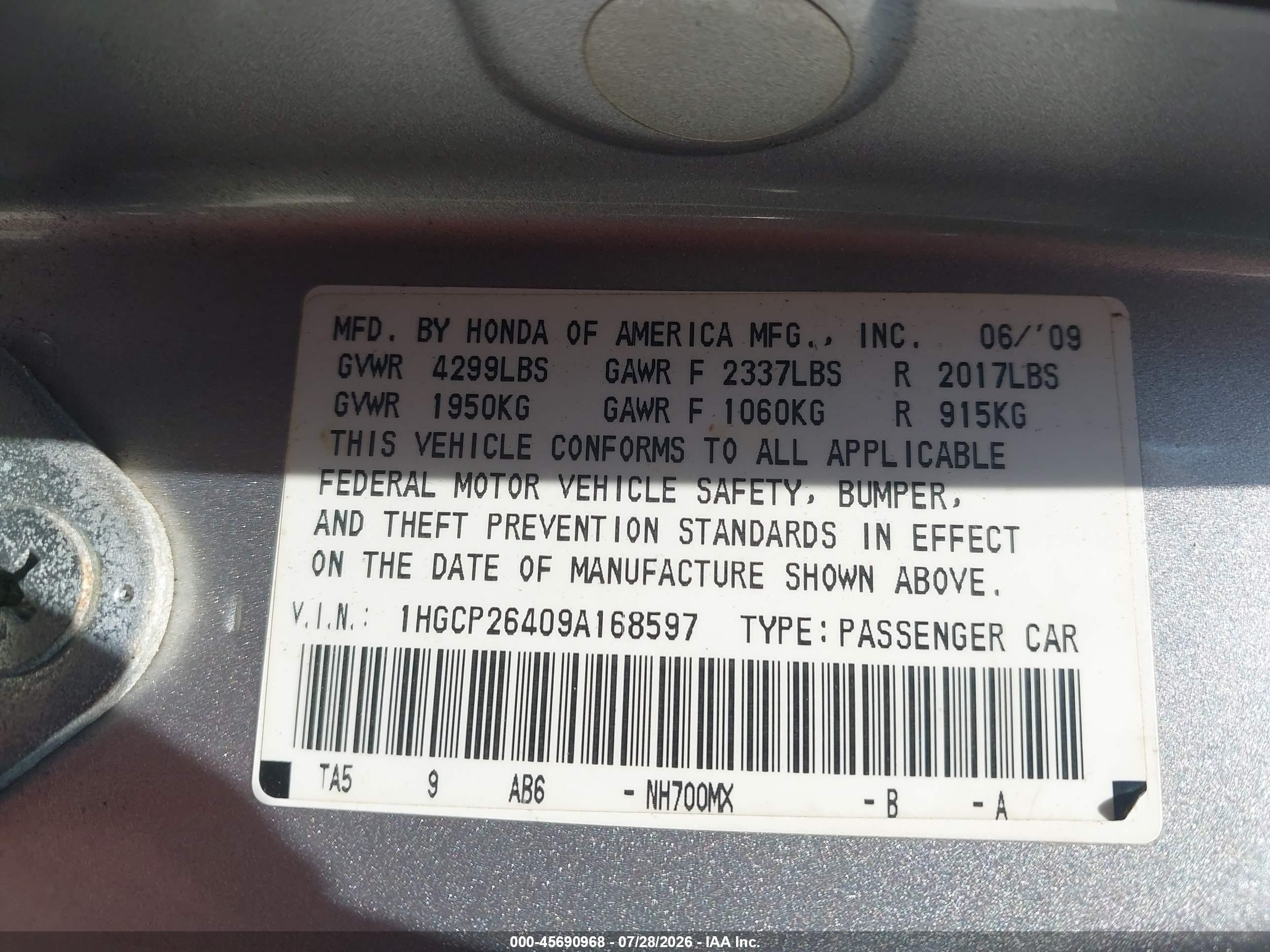 2009 Honda Accord 2.4 Lx-p Серебряный vin: 1HGCP26409A168597