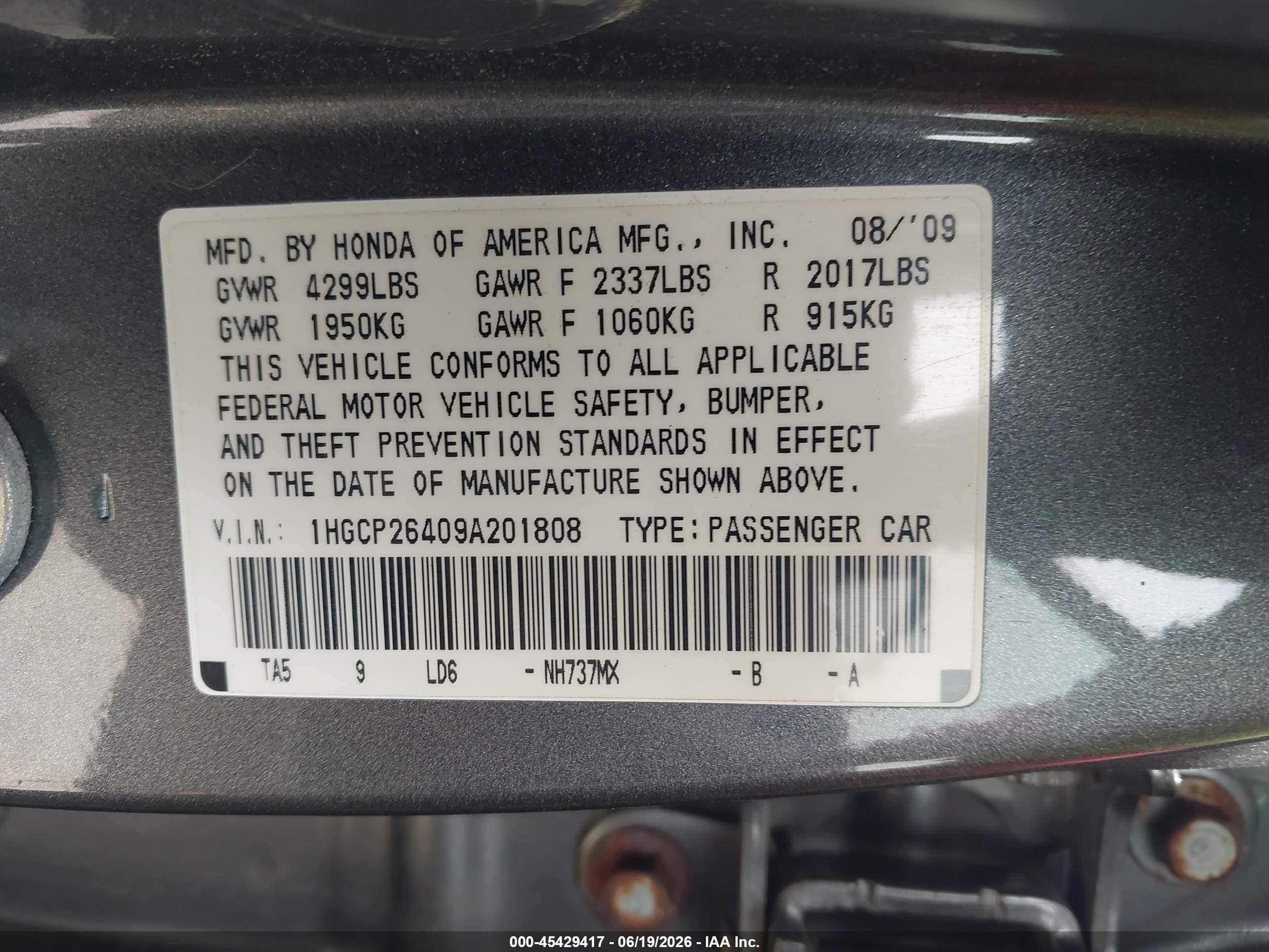 2009 Honda Accord 2.4 Lx-p Gray vin: 1HGCP26409A201808