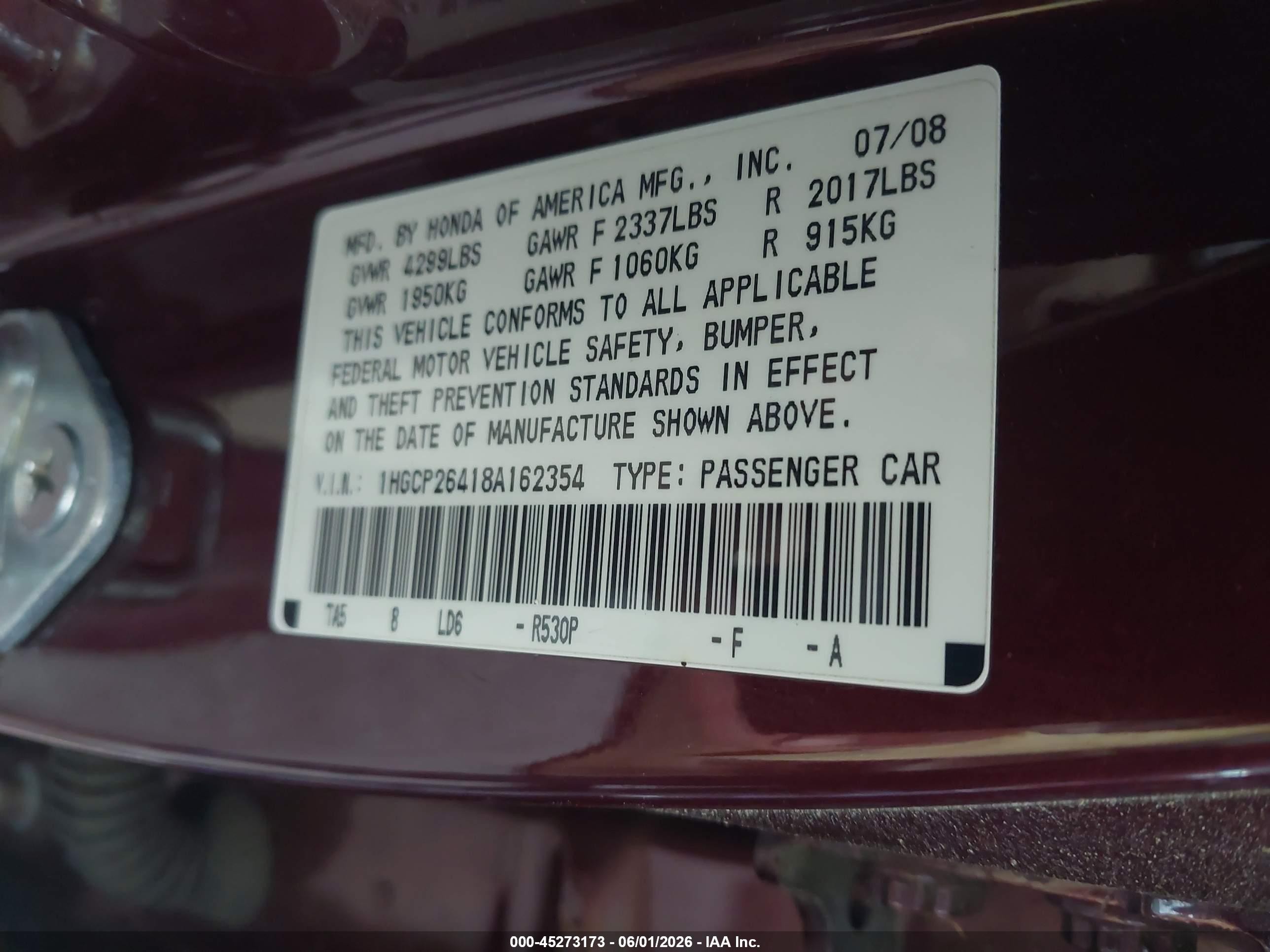 2008 Honda Accord 2.4 Lx-p Maroon vin: 1HGCP26418A162354